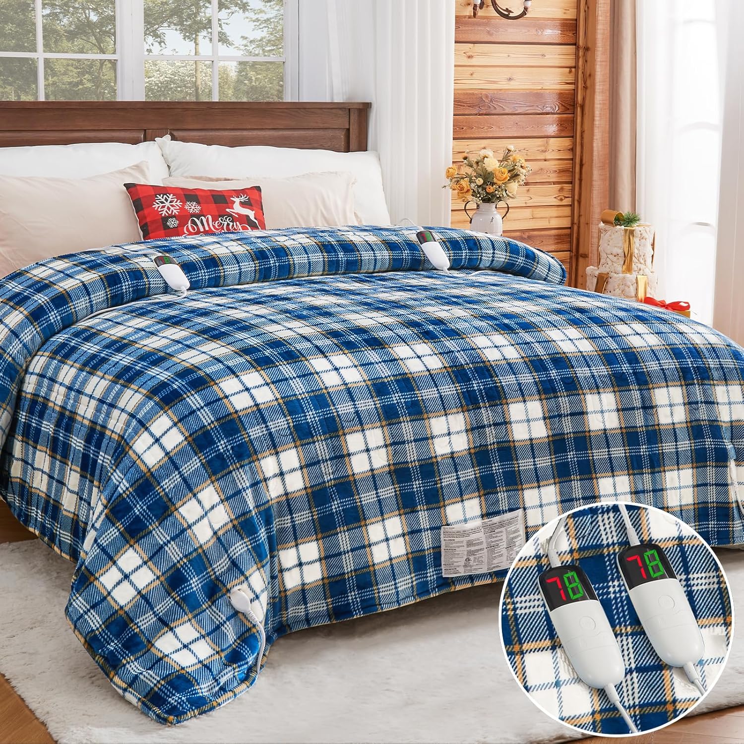 Heated Blanket Electric Throw, 50X60, Heating Throw with 10 Heating Levels/8 Hours Auto Off, Navy Blue Plaid Checkered Sherpa Blanket Warmer for Adults, Washable Blanket Gift for Couch Bed Office, ETL