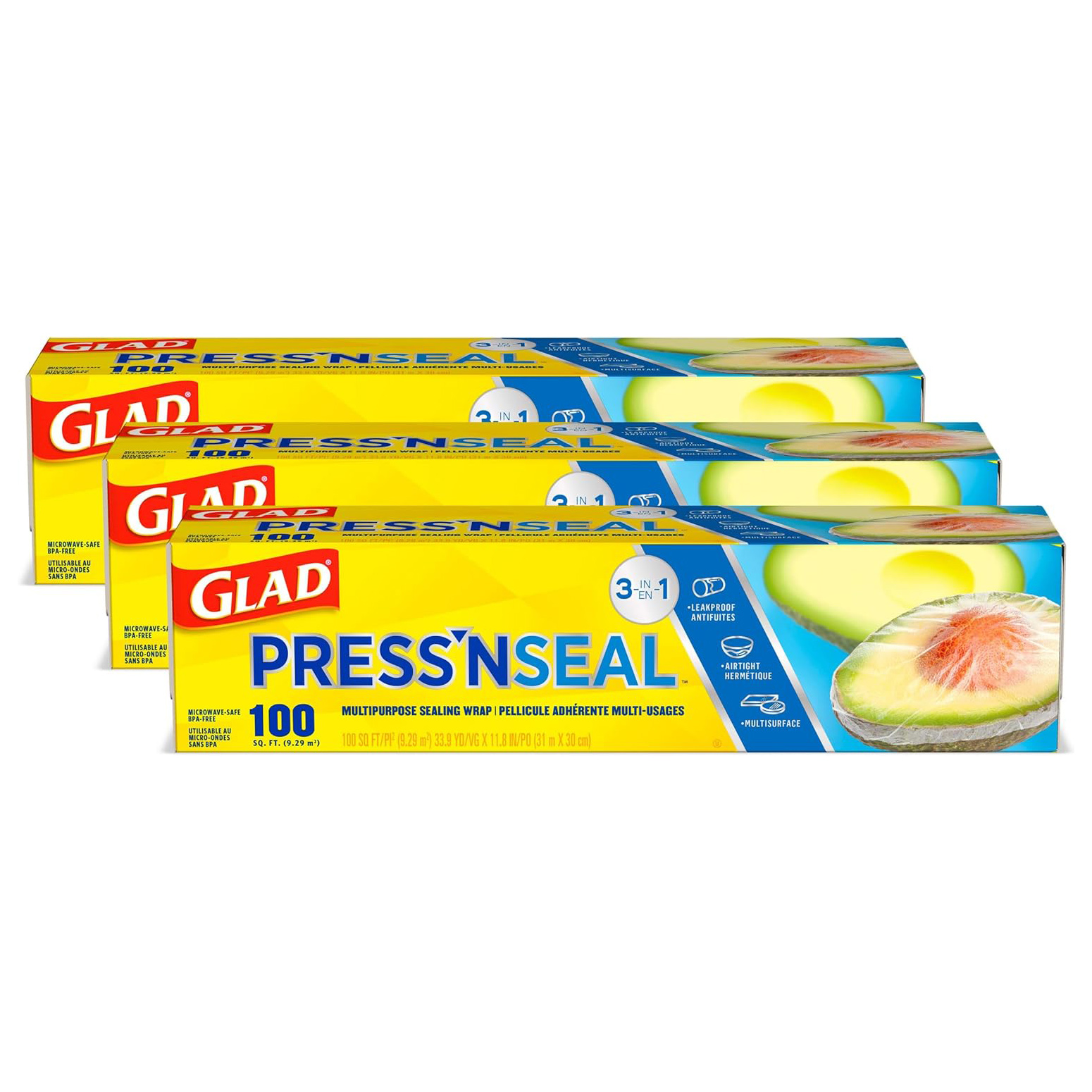 Glad® Press'n Seal® Plastic Food Wrap - 100 Square Foot Roll - 3 Pack (Package May Vary)