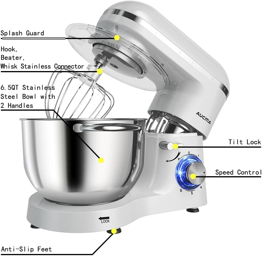 Aucma Stand Mixer,6.5-QT 660W 6-Speed Tilt-Head Food Mixer, Kitchen Electric Mixer with Dough Hook, Wire Whip & Beater (6.5QT, Black)