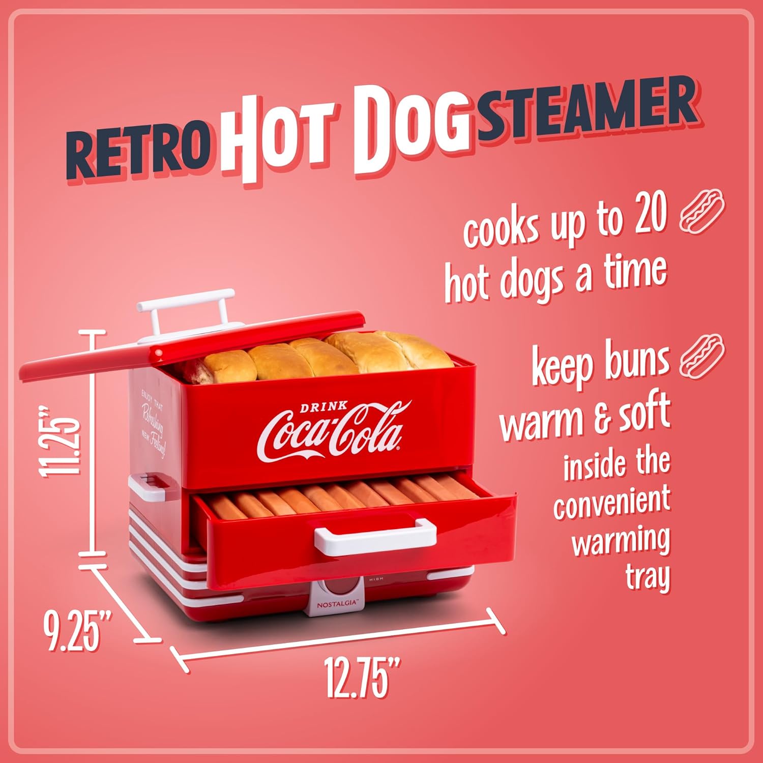 Nostalgia Extra Large Diner-Style Coca-Cola Hot Dog Steamer and Bun Warmer, 24 Hot Dog and 12 Bun Capacity, Steam Bratwursts, Sausages, Vegetables, Fish, Dumplings, Red