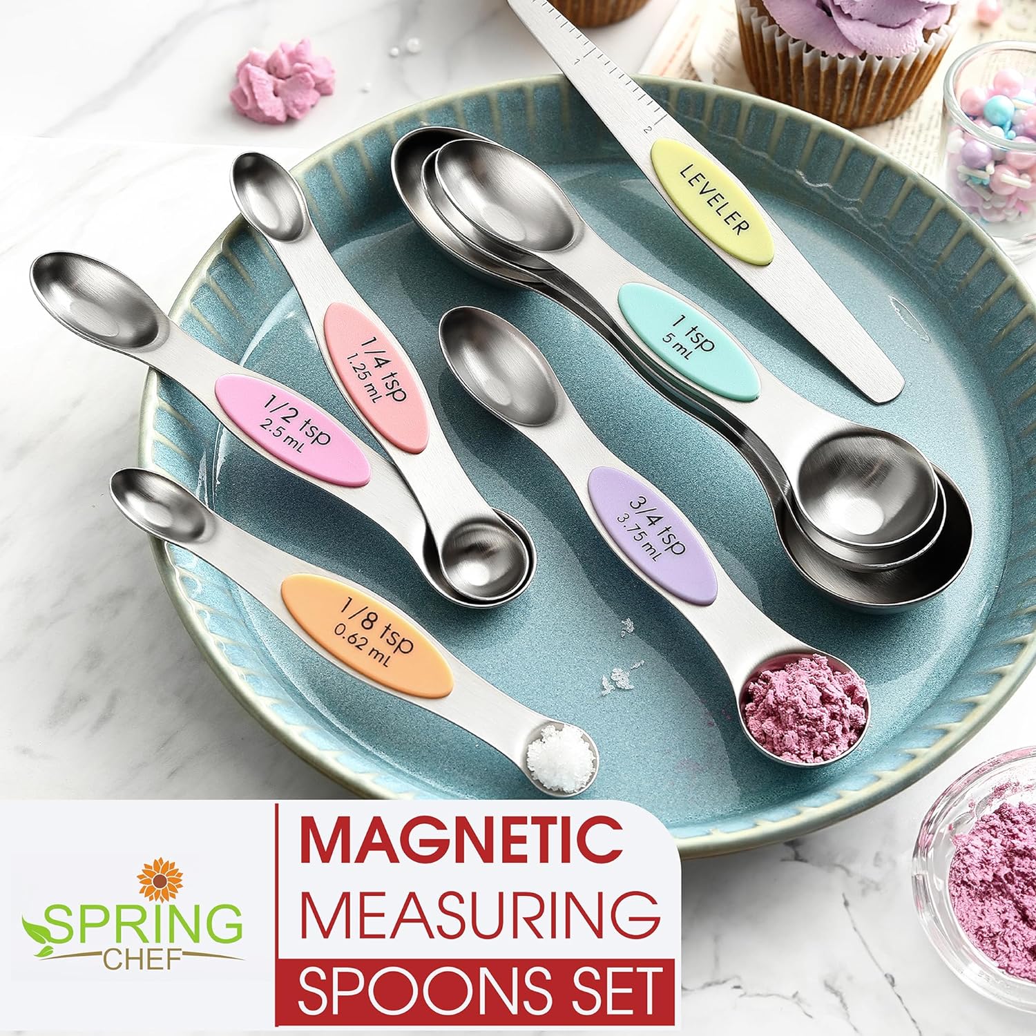Spring Chef Magnetic Measuring Spoons Set with Strong N45 Magnets, Heavy Duty Stainless Steel Metal, Fits in Most Kitchen Spice Jars for Baking & Cooking, BPA Free, Black, Set of 8 with Leveler
