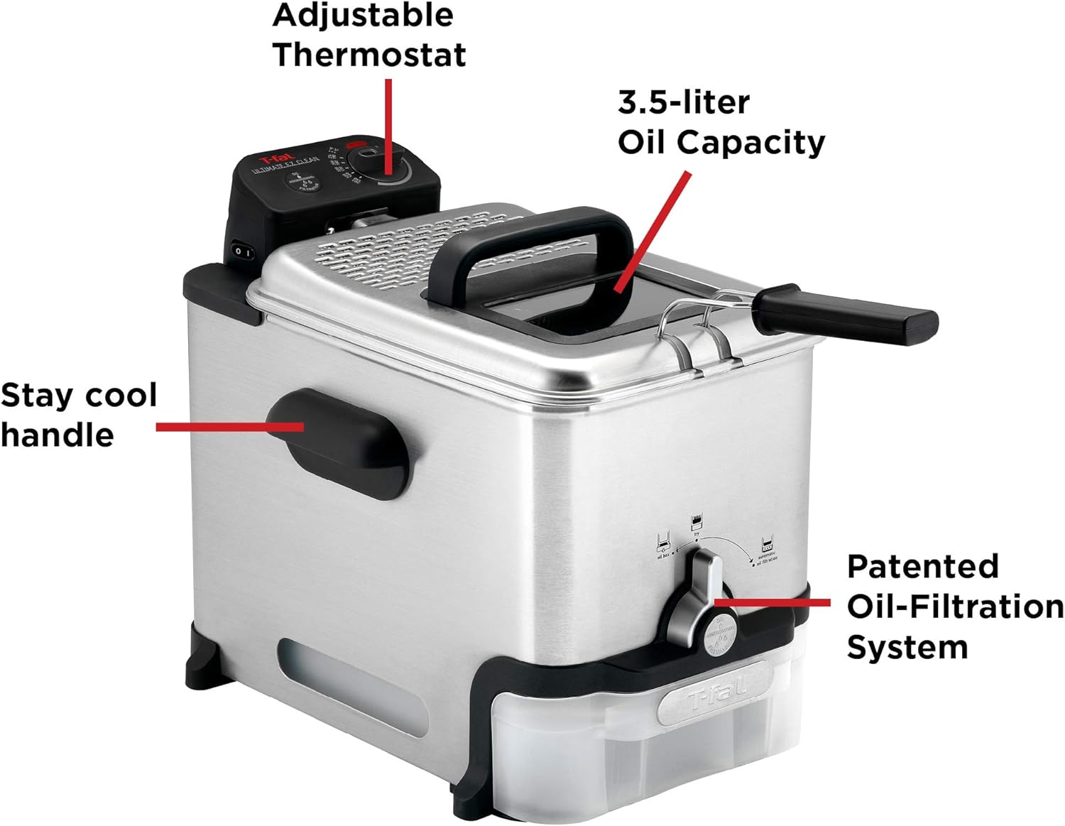 T-fal 3.5L Stainless Steel Deep Fryer with Basket, 1700W, Oil Filtration, Temp Control, Digital Timer, Dishwasher Safe Parts