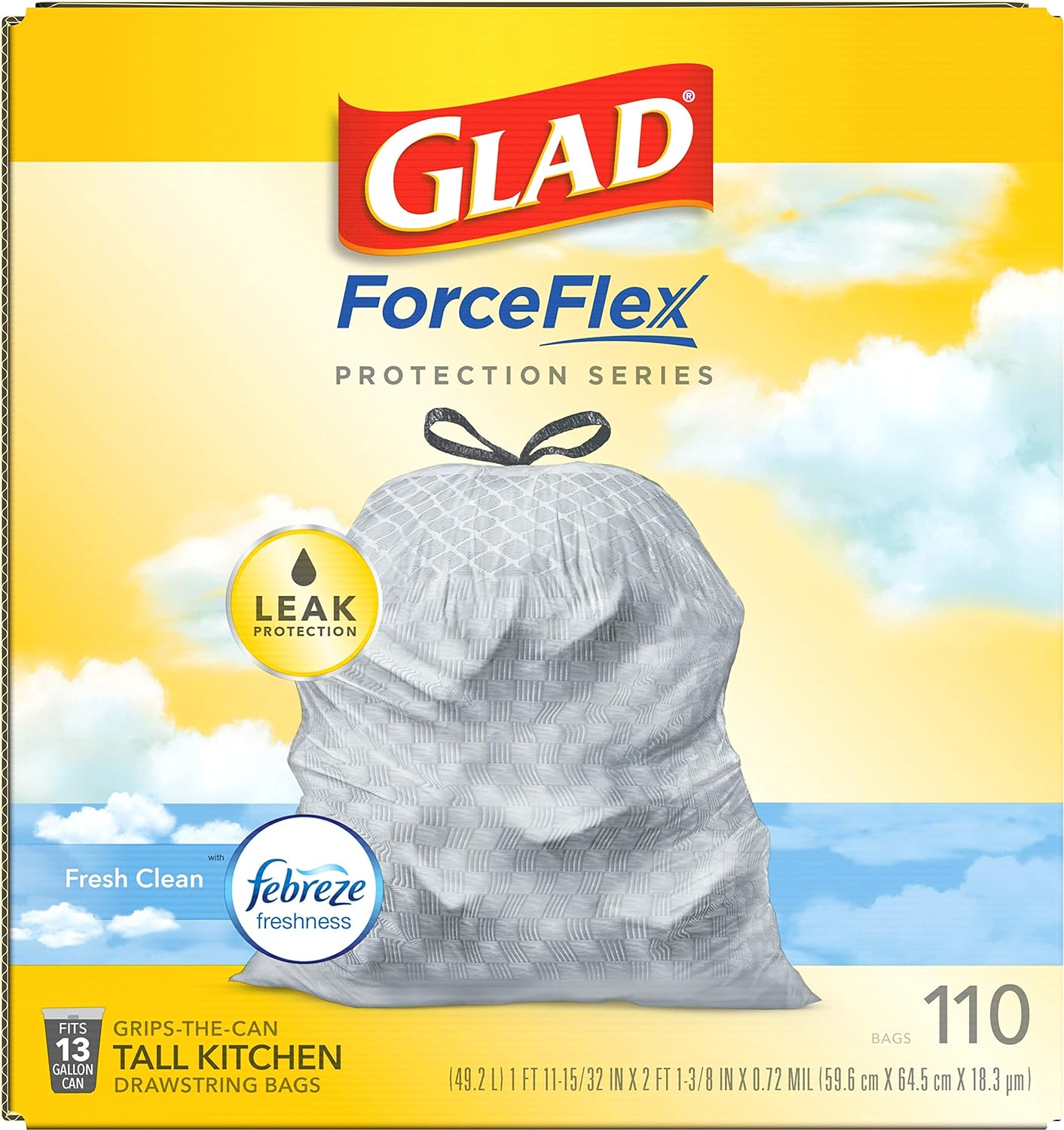 Glad Trash Bags, ForceFlex Tall Kitchen Drawstring Garbage Bags, 13 Gal, Fresh Clean Scent with Febreze, 110 Ct (Packaging May Vary)
