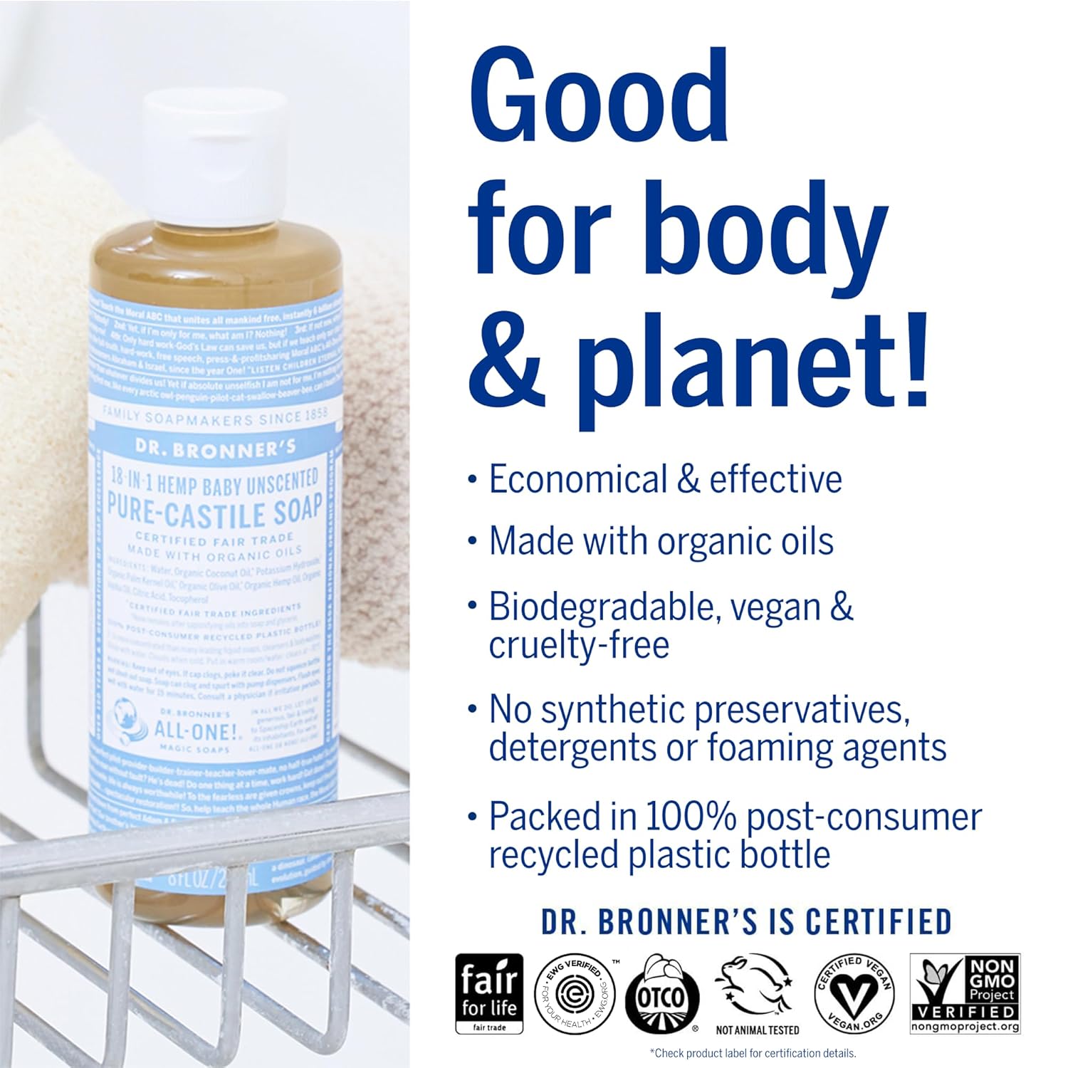 Dr. Bronner's - Pure-Castile Liquid Soap (Baby Unscented, 8 Ounce) - Made with Organic Oils, 18-in-1 Uses: Face, Hair, Laundry, Dishes, For Sensitive Skin, Babies, No Added Fragrance, Vegan, Non-GMO