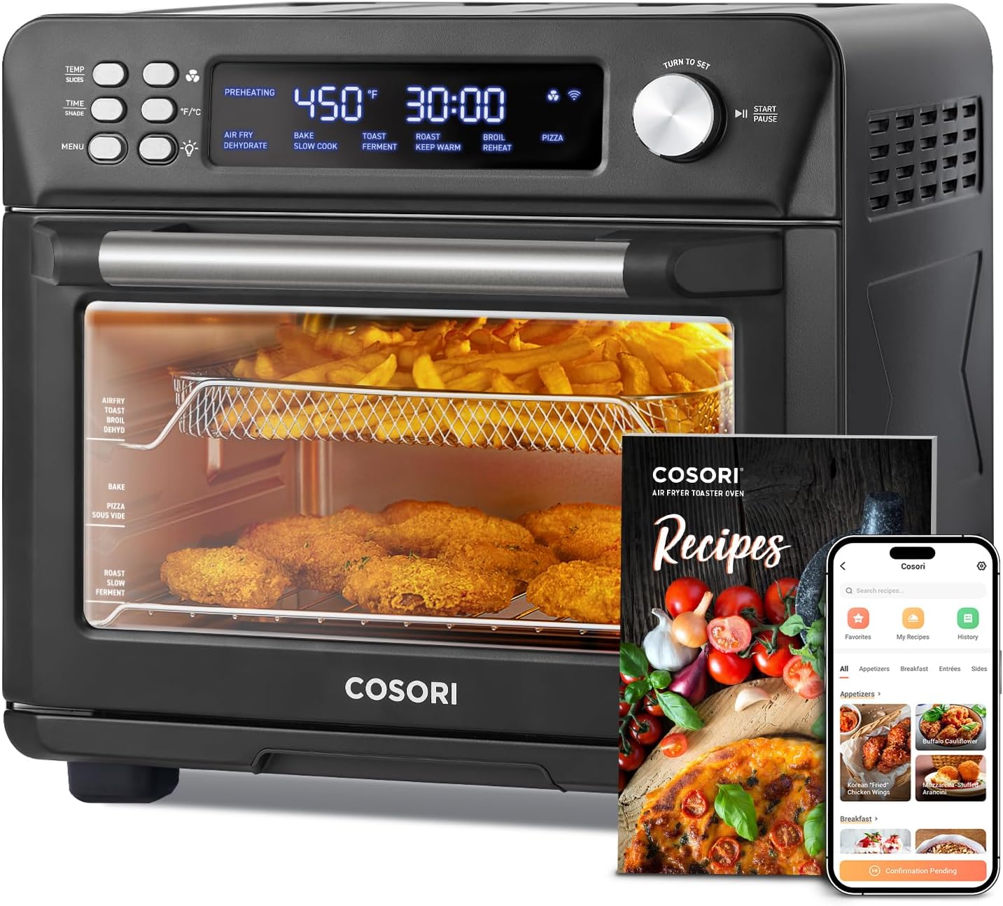 COSORI Smart 11-in-1 Air Fryer Toaster Oven Combo, Airfryer Convection Oven Countertop, Bake, Roast, Reheat, Broil, Dehydrate, 94 Recipes & 3 Accessories, 26QT, Silver, Stainless Steel