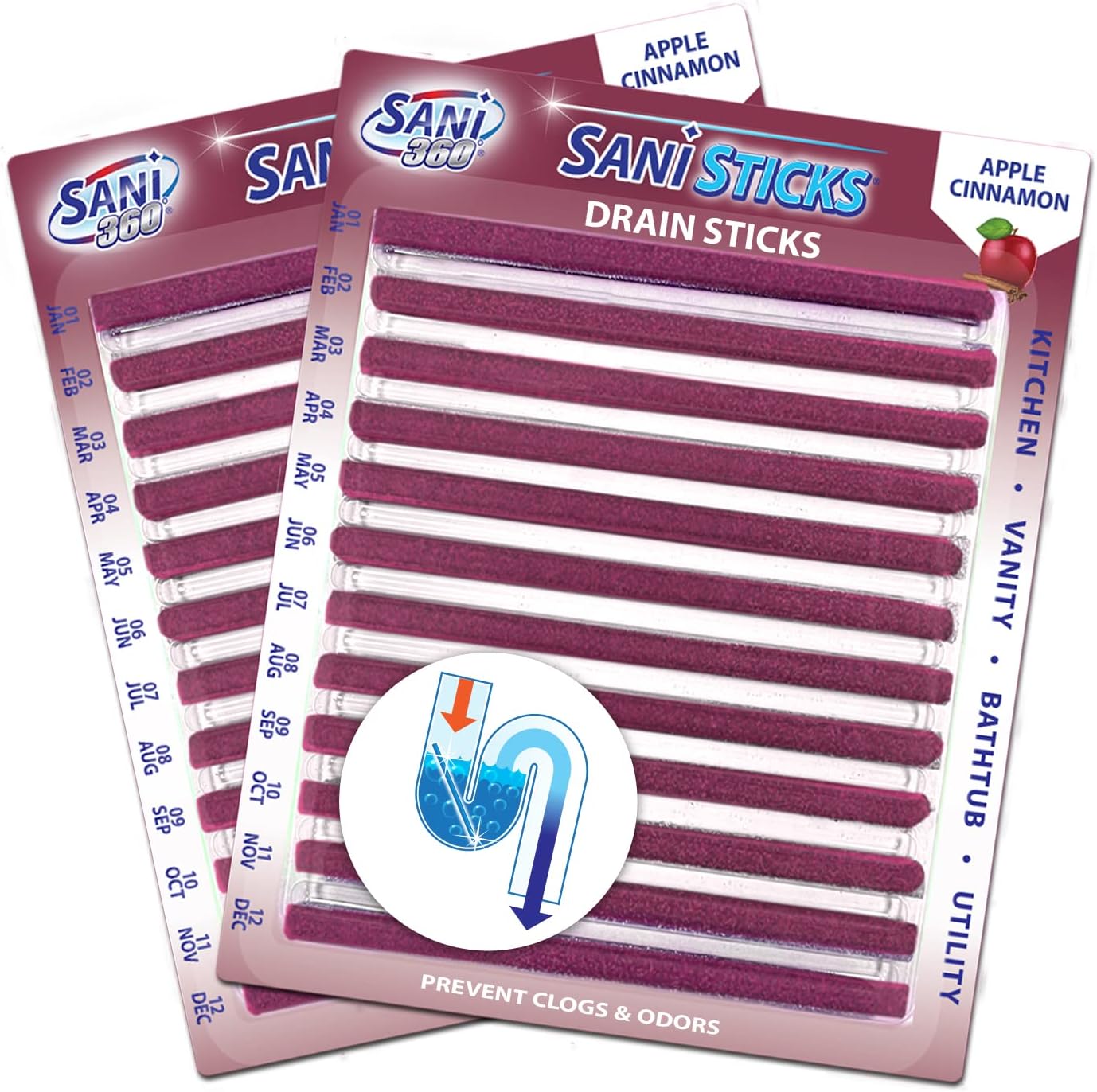 SANI 360° Sani Sticks Drain Cleaner and Deodorizer, Enzyme Pipe Cleaners, Eliminate Odors, Prevent Clogged Drains, Safe for Sinks, Bathtub Drains, Septic Tanks, 24 Count, Lemon Scent