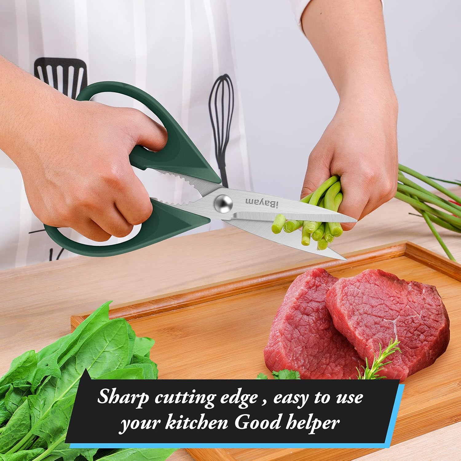 iBayam Kitchen Scissors All Purpose Heavy Duty Meat Poultry Shears, Dishwasher Safe Food Cooking Scissors Stainless Steel Utility Scissors, 2-Pack (Black Red, Black Gray)