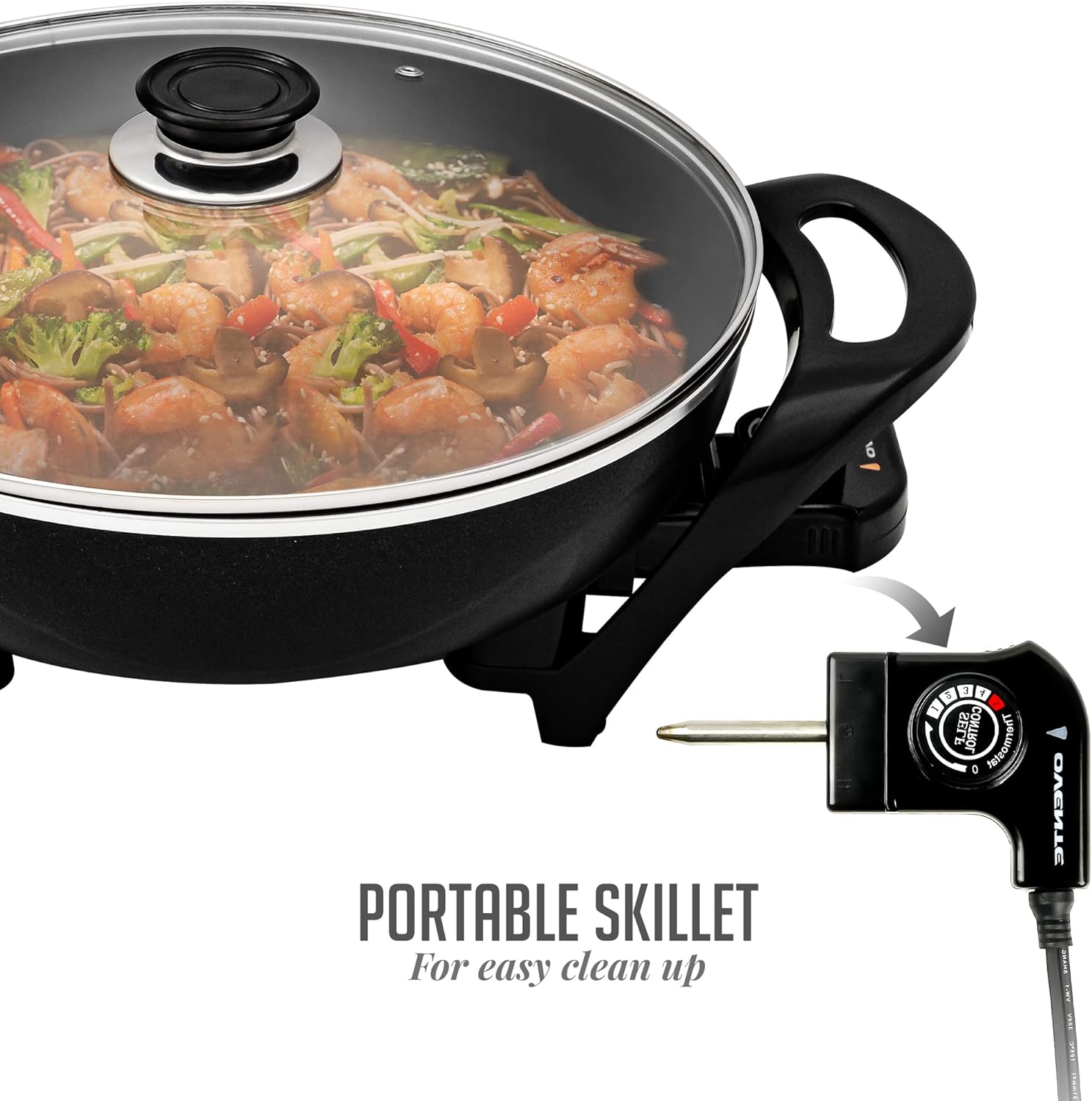 OVENTE 12 Inch Electric Skillet and Frying Pan with Nonstick Coating, 1400W Power, Adjustable Temperature Control, Tempered Glass Lid with Vent and Cool Touch Handles, Black SK11112B