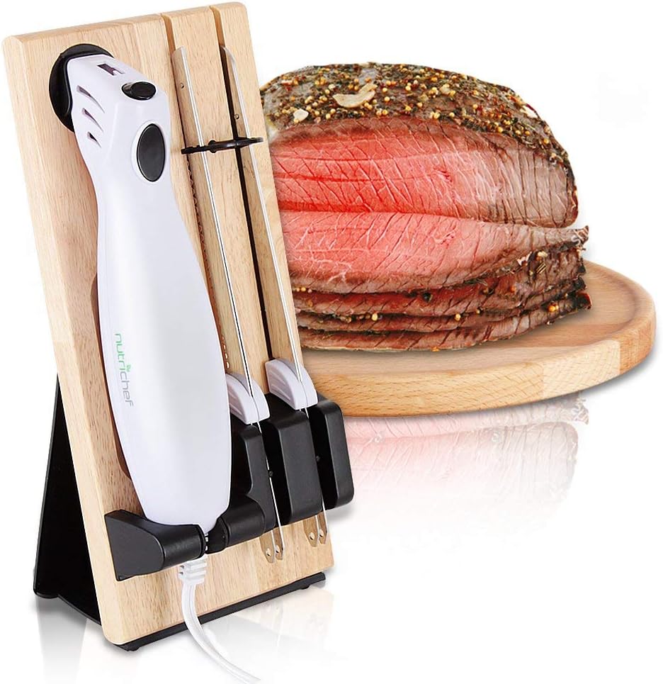 NutriChef Electric Carving Turkey Slicer Kitchen Knife | For Thanksgiving | Portable Electrical Food Cutter Knife Set with Carving Blades & Wood Carving Stand | Cuts Meat, Bread, Cheese & Fruit