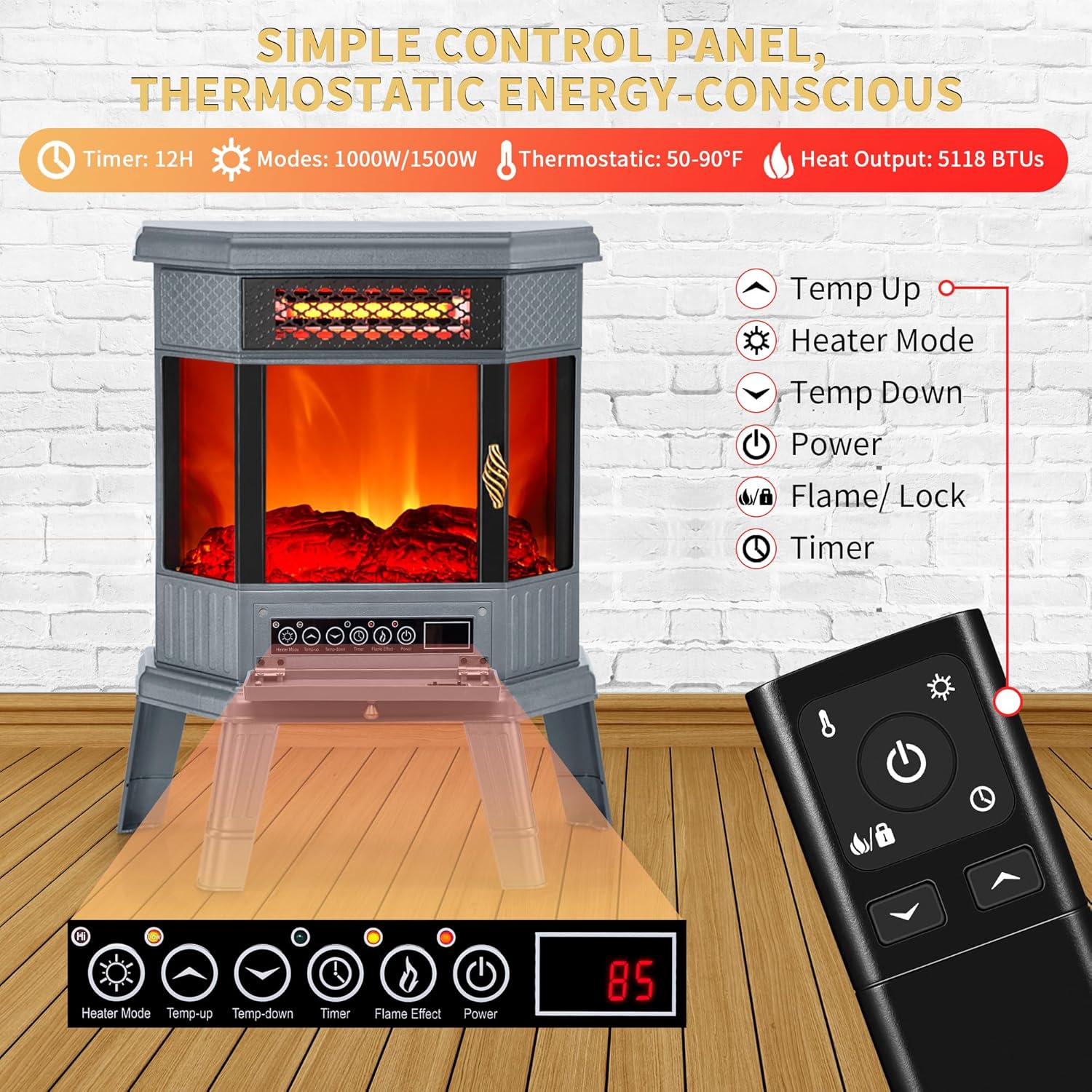 RealSmart Electric Fireplace Heater 22 in Freestanding Fireplace Stove Infrared Fireplace with 3D Flame Effect Remoted Control, Timer, Overheating Protection (Gray)