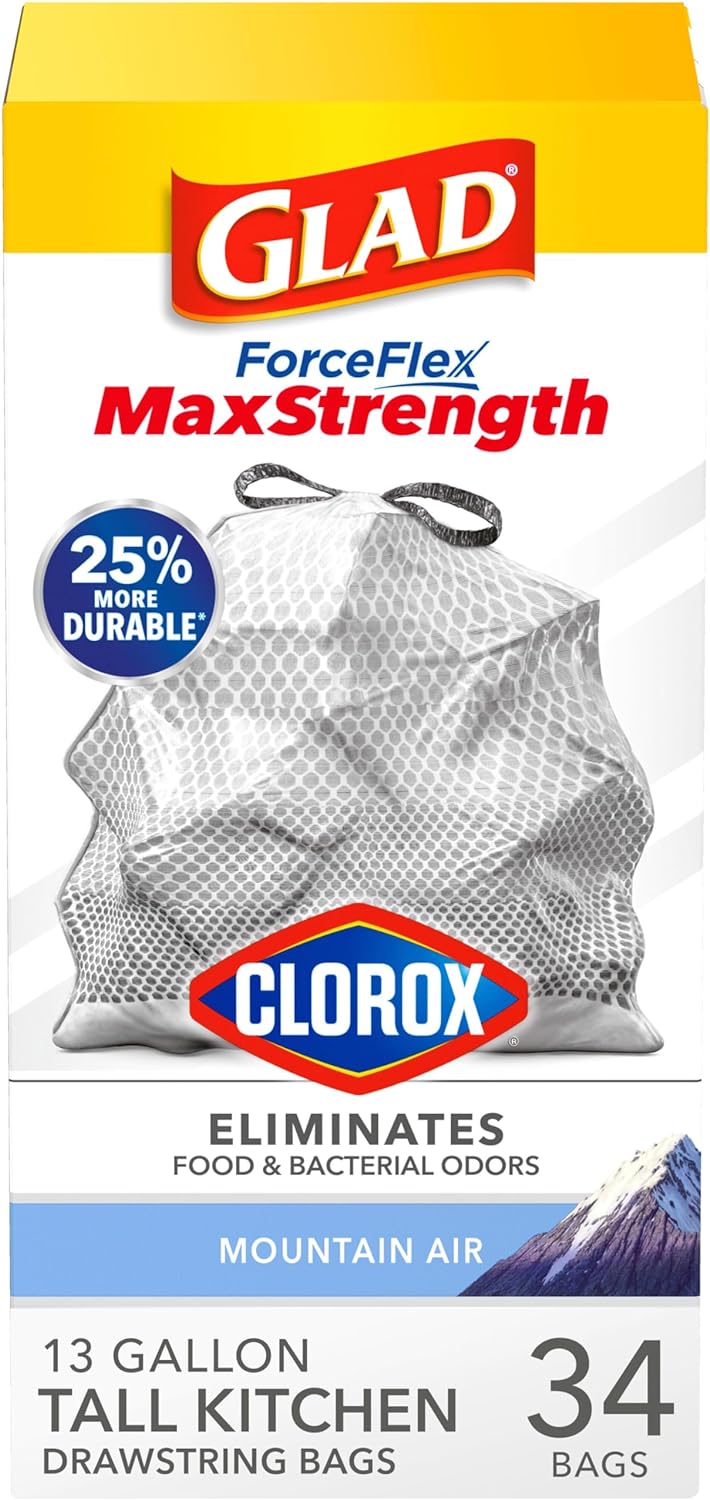 Glad ForceFlex MaxStrength with Clorox Trash Bags, 13 Gal, Lemon Fresh Bleach, 90 Ct, Pack May Vary