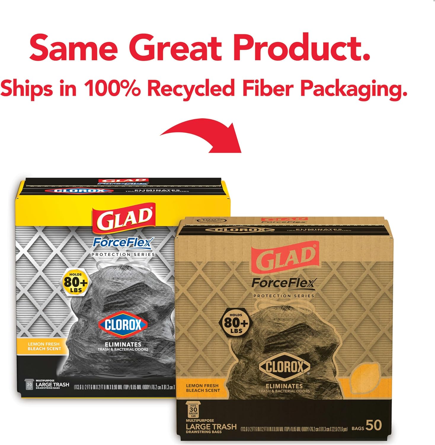 Glad Large Drawstring Trash Bags, ForceFlex 30 Gallon Black Trash Bags, 50 Count (Package May Vary)