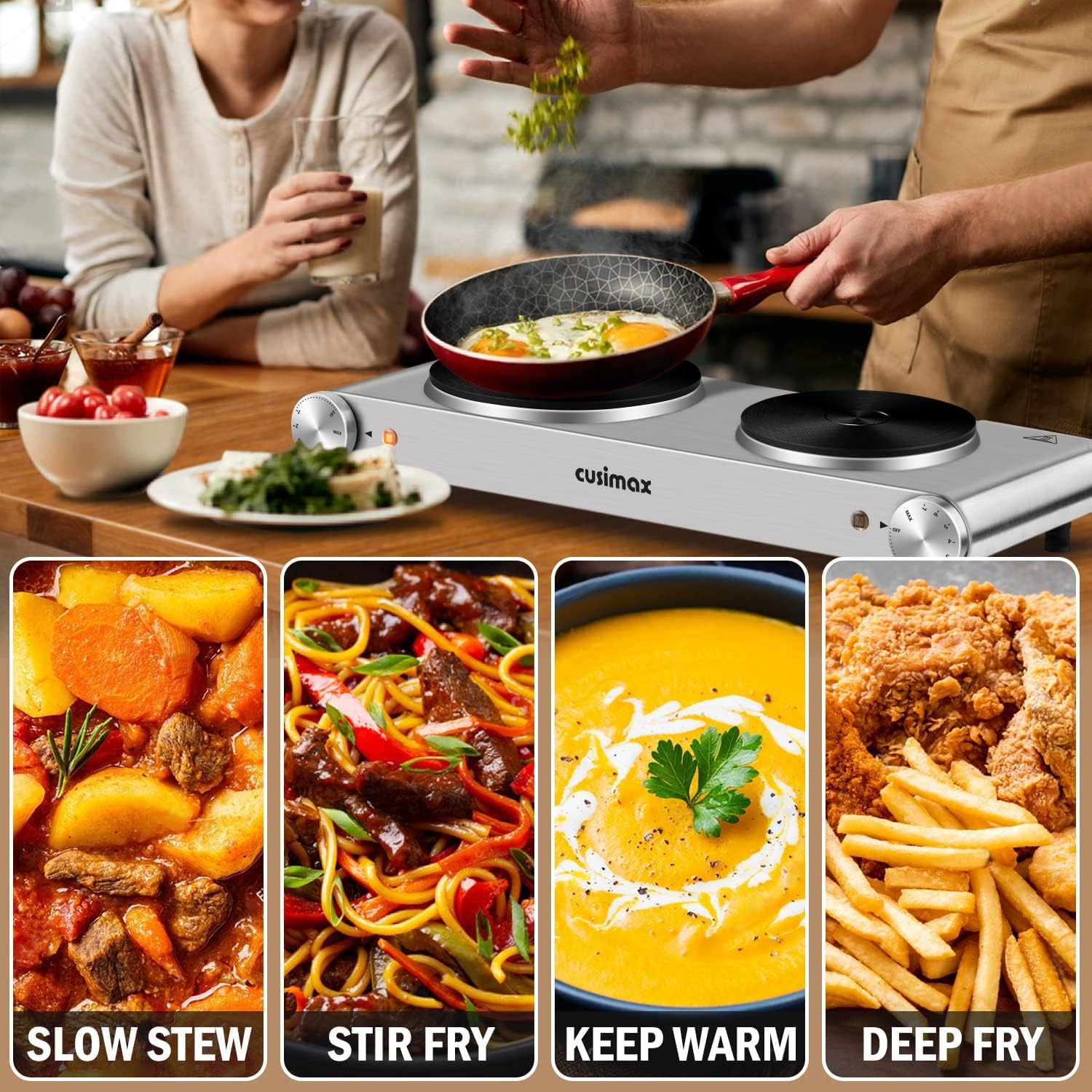 CUSIMAX 1800W Ceramic Electric Hot Plate for Cooking, Dual Control Infrared Cooktop, Double Burner, Portable Countertop Burner, Glass Plate Electric Cooktop, Silver, Stainless Steel-Upgraded Version