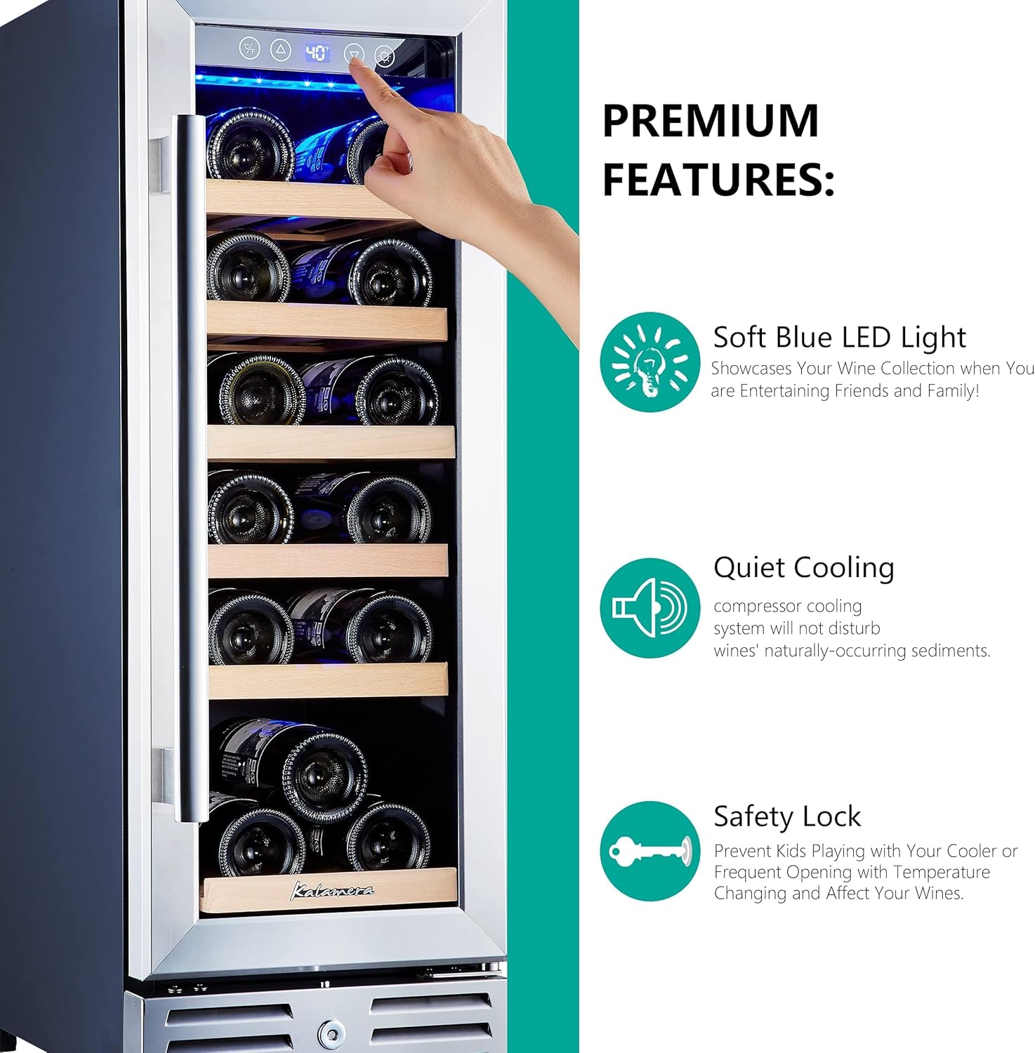 Kalamera 24 inch Wine Cooler, 46 Bottle - Dual Zone Built-in or Freestanding Fridge with Stainless Steel Reversible Glass Door, for Home, Kitchen, or Office.
