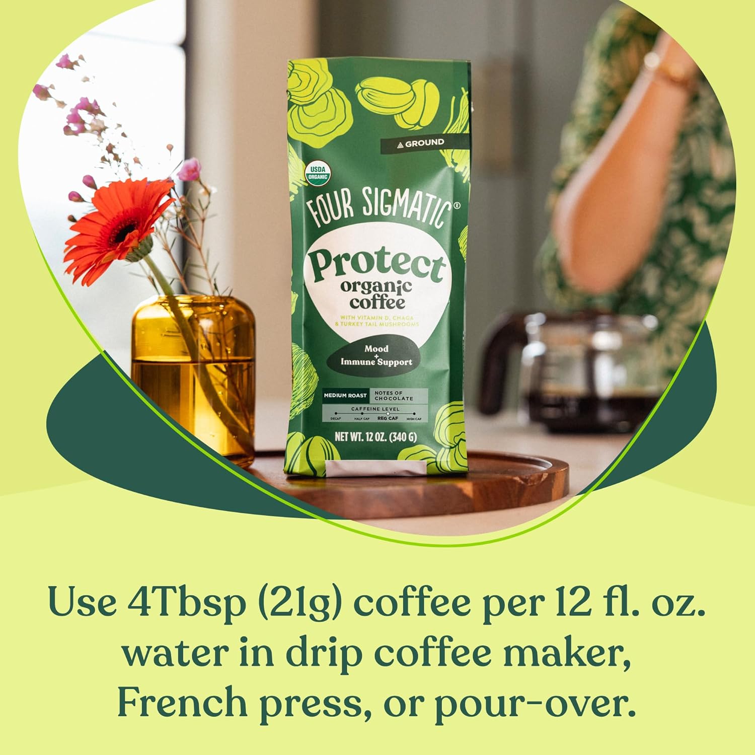 Four Sigmatic Think Mushroom Coffee | Organic Ground Coffee with Lion's Mane Mushroom and Chaga Mushroom | Nootropic Mushroom Coffee for Better Focus and Immune Support | 12oz Bag