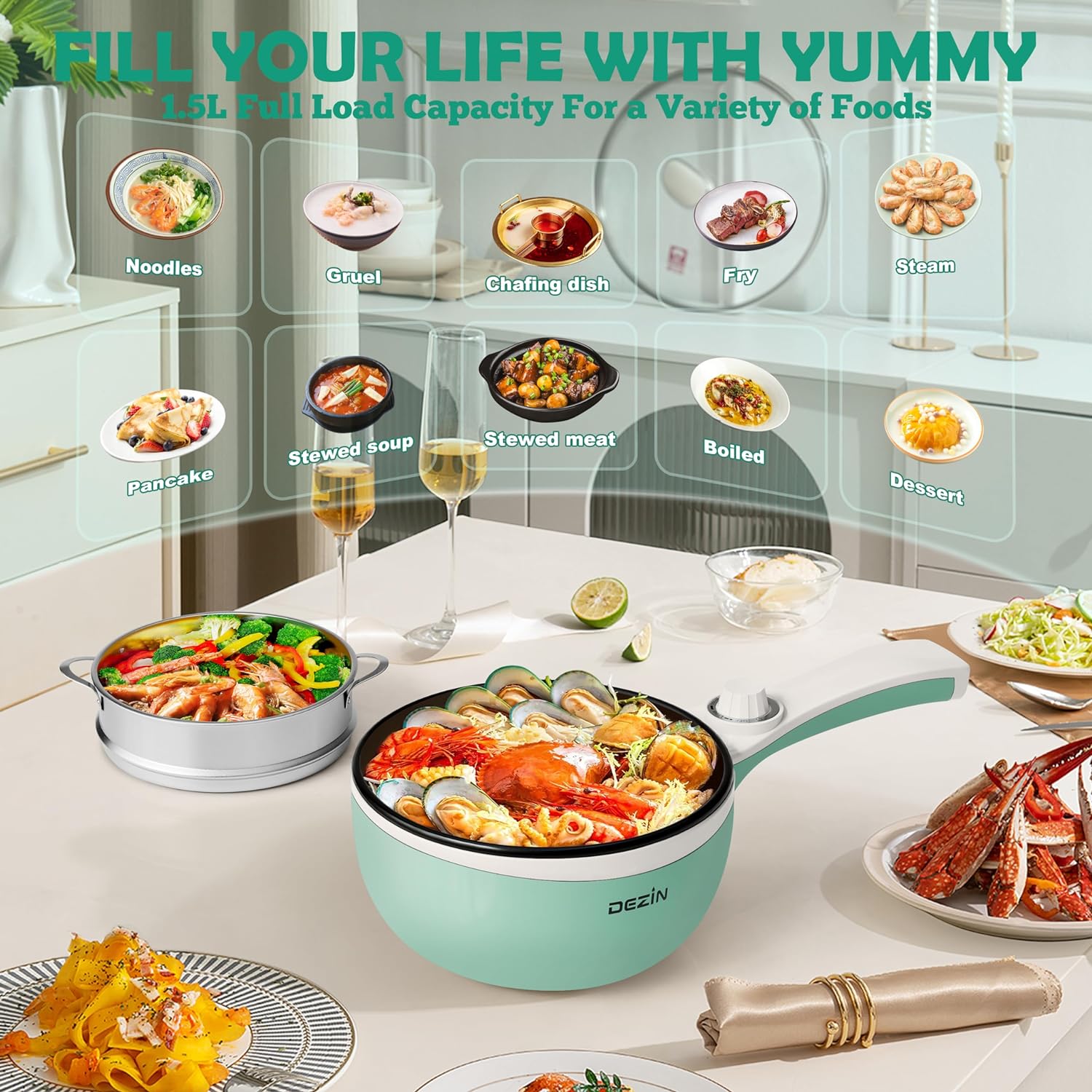 Dezin Hot Pot Electric Upgraded, Non-Stick Sauté Pan, Rapid Noodles Electric Pot, 1.5L Mini Portable Hot Pot for Steak, Egg, Fried Rice, Ramen, Oatmeal, Soup with Power Adjustment(Egg Rack Included)