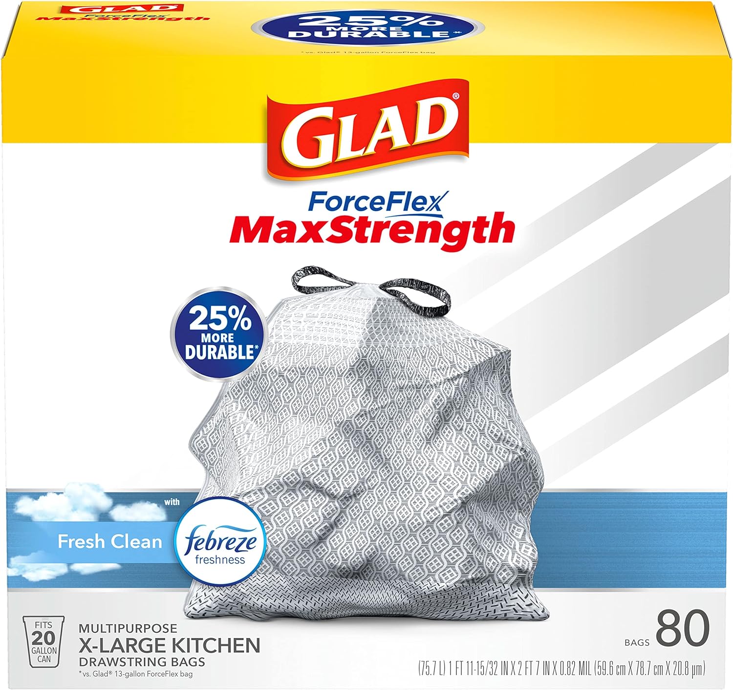 Glad Trash Bags, ForceFlexPlus XL X-Large Kitchen Drawstring Garbage Bags - 20 Gallon Grey Trash Bag, Fresh Clean with Febreze Freshness 80 Count (Package May Vary)