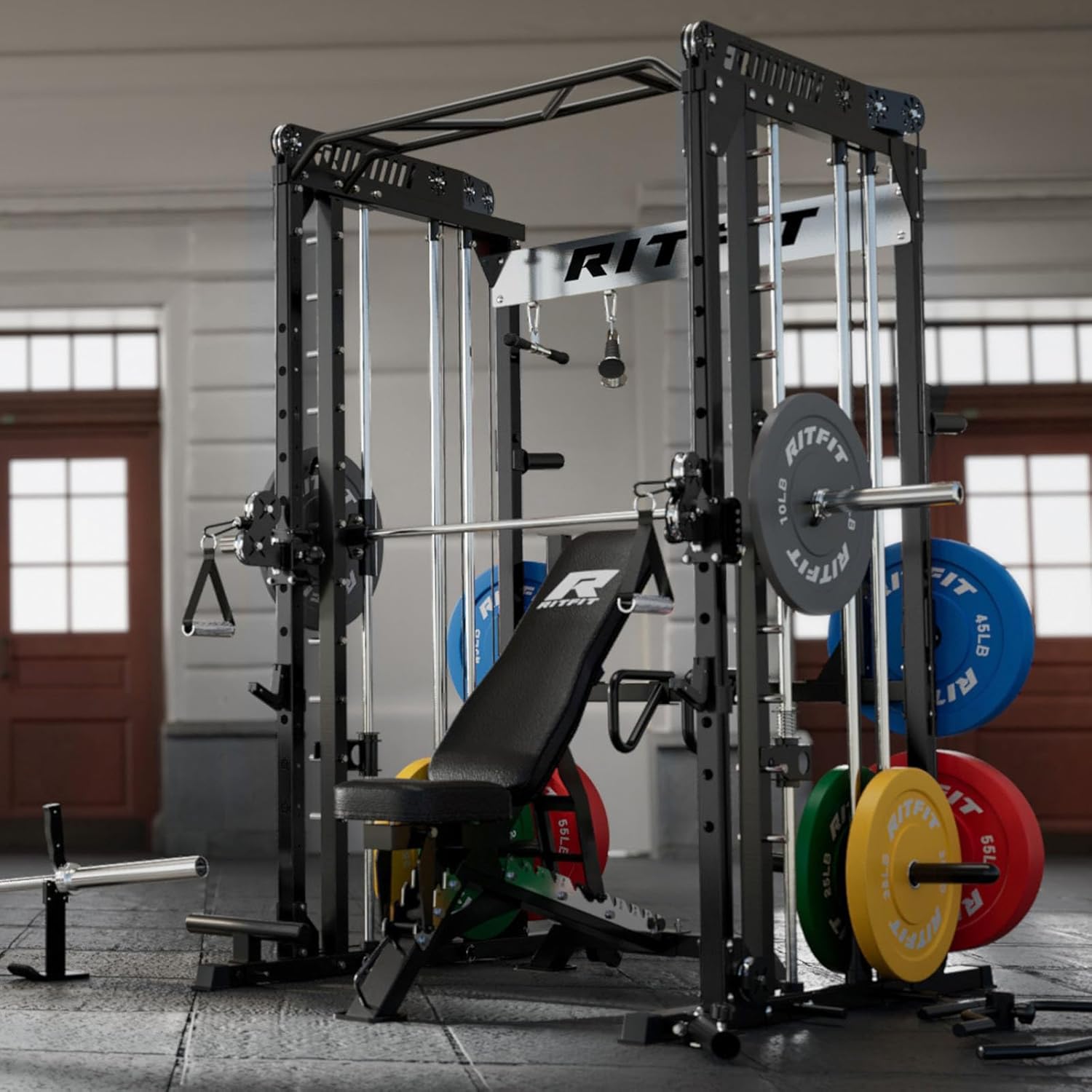 RitFit M1 & M1 Pro Smith Machine with Cable Crossover System, Multi-Function Squat Rack Power Cage for Home Gym, Power Rack and Packages