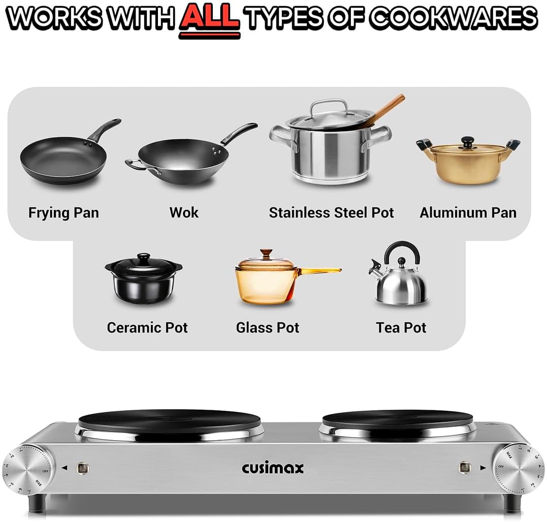 CUSIMAX Electric Hot Plate for Cooking Portable Single Burner 1500W Cast Iron hot plates Heat-up in Seconds Adjustable Temperature Control Stainless Steel Non-Slip Rubber Feet Upgraded Version B101