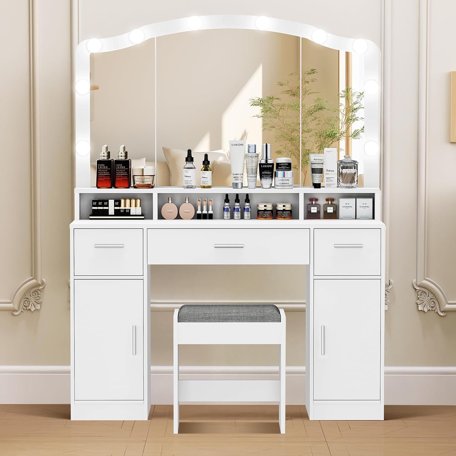 usikey Large Vanity Desk with Large Lighted Mirror, Modern Makeup Vanity Table with 3 Drawers, 2 Storage Cabinets & 10 LED Bulbs, Bedroom Dressing Table with Cushioned Stool for Women, White