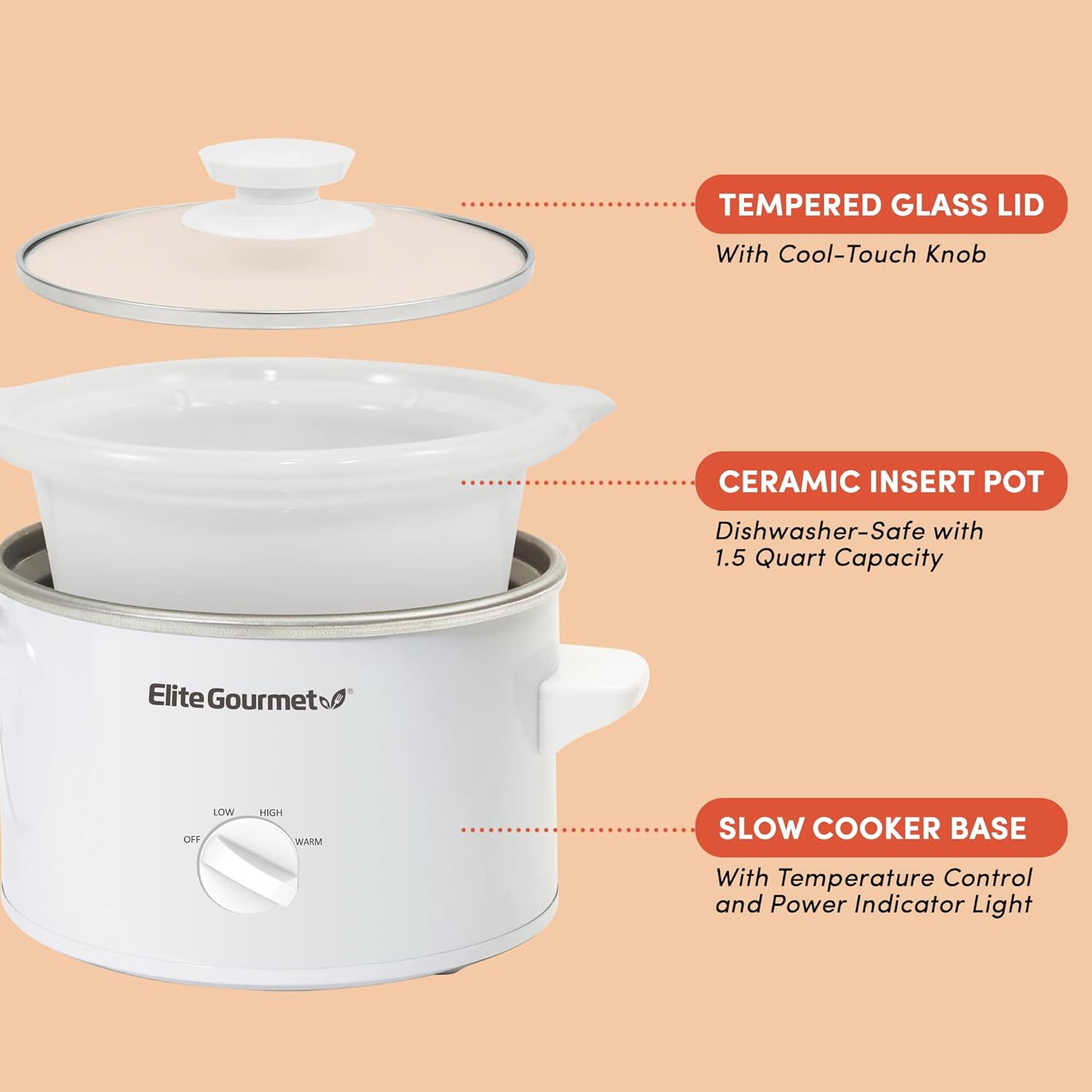 Elite Gourmet MST-250XS Electric Slow Cooker Ceramic Pot, Adjustable Temp, Entrees, Sauces, Stews & Dips, Dishwasher Safe Glass Lid & Crock, 1.5 Quart, Stainless Steel