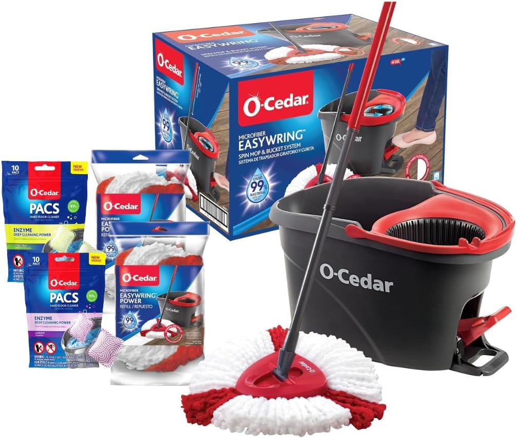 O-Cedar EasyWring Spin Mop & Bucket System +2 Power Refills with Citrus Cleaning PACS (Variety Pack)