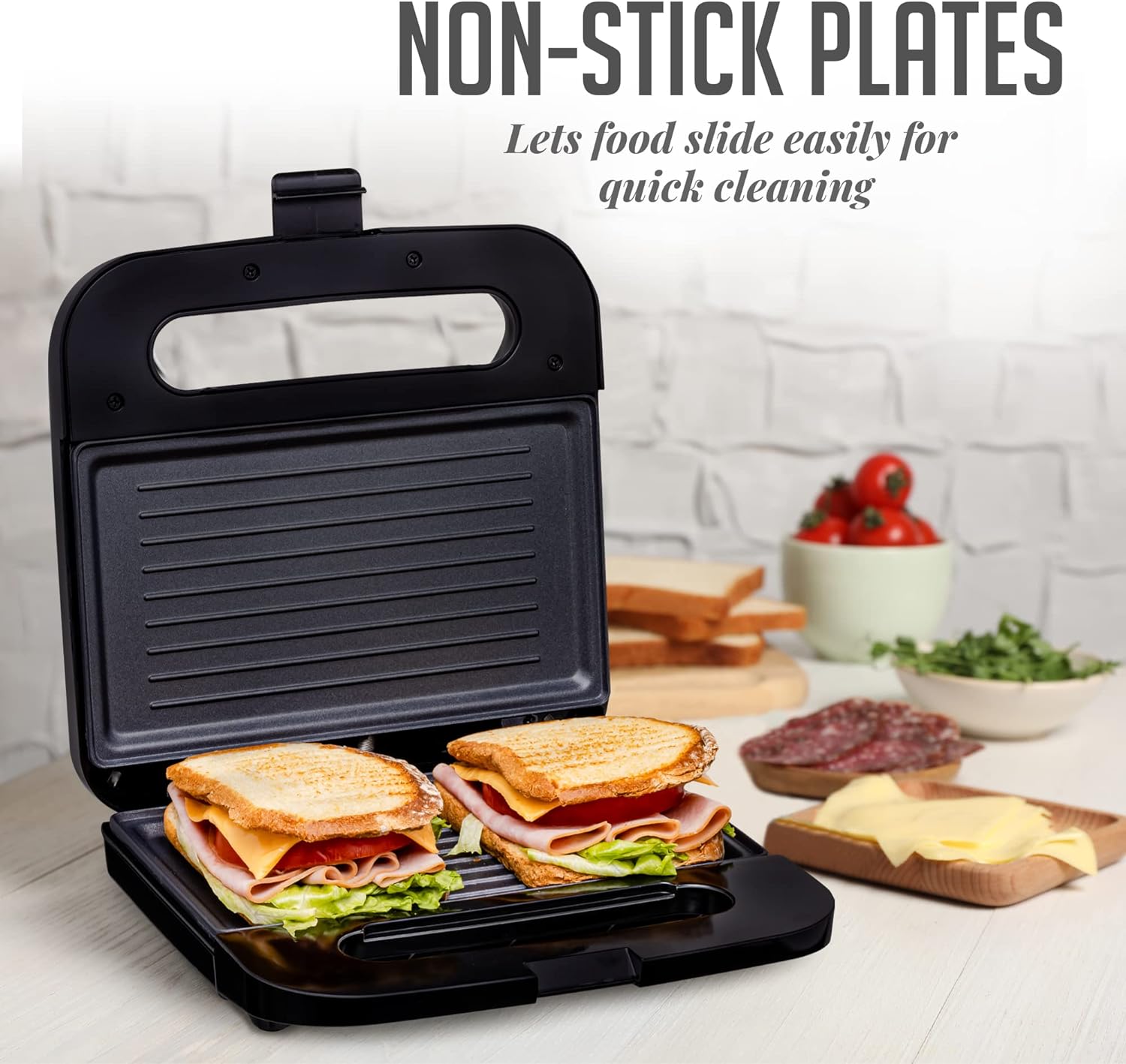 OVENTE Electric Sandwich Maker with Non-Stick Plates, Indicator Lights, Cool Touch Handle, Easy to Clean and Store, Perfect for Cooking Breakfast, Grilled Cheese, Tuna Melts and Snacks, Black GPS401B