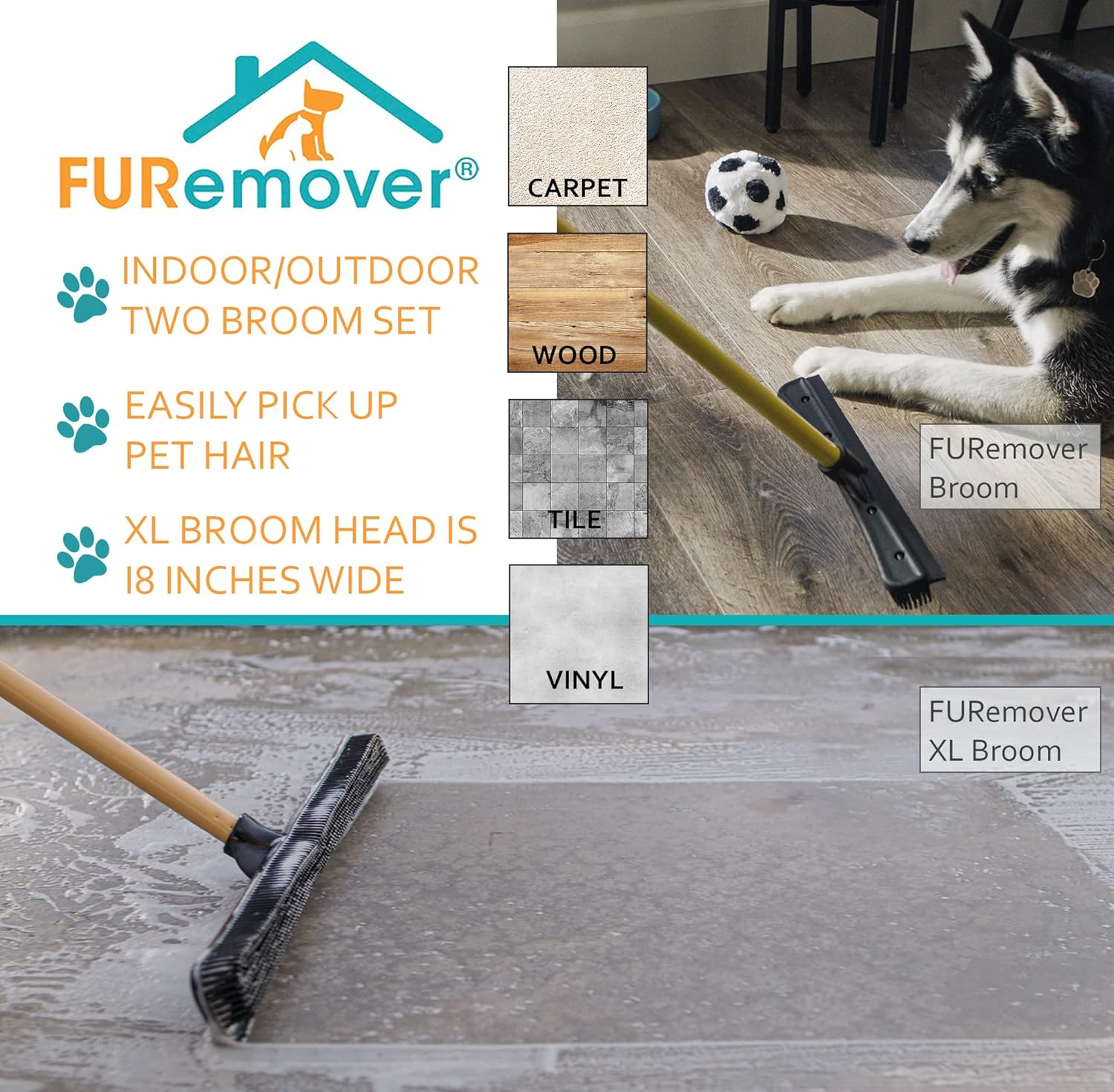 FURemover Original Indoor Pet Hair Rubber Broom with Carpet Rake and Squeegee, Black and Yellow