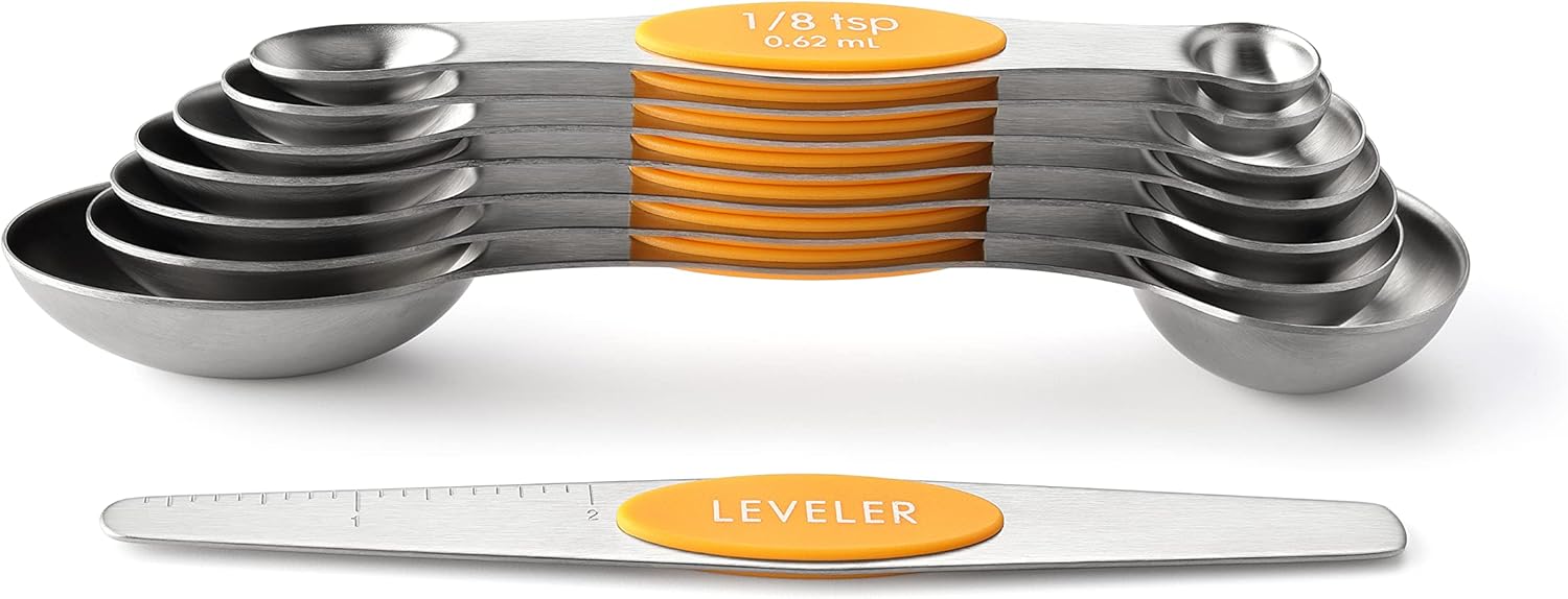 Spring Chef Magnetic Measuring Spoons Set with Strong N45 Magnets, Heavy Duty Stainless Steel Metal, Fits in Most Kitchen Spice Jars for Baking & Cooking, BPA Free, Black, Set of 8 with Leveler