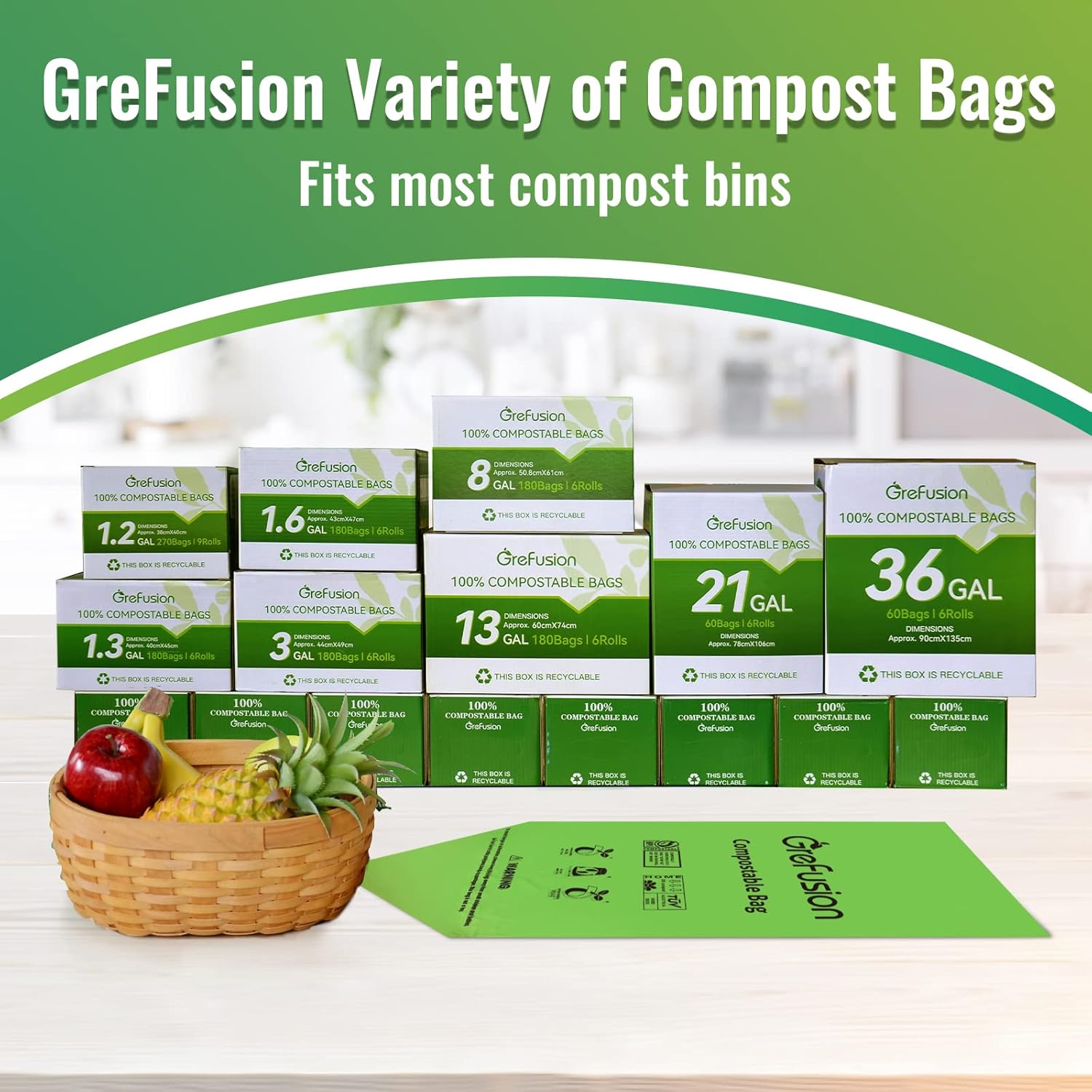 Compostable Bags for Kitchen Compost Bin, 1.2 Gallon, 125 Count, Certified by BPI and ASTM, Leakproof and Odor Control