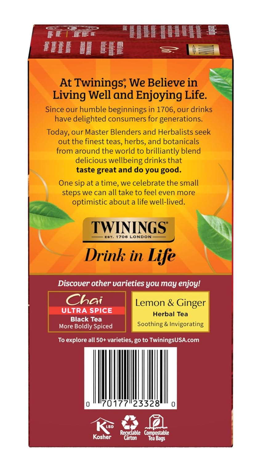 Twinings English Breakfast Black Tea Individually Wrapped Bags, 100 Count (Pack of 1), Smooth, Flavourful, and Robust, Caffeinated, Enjoy Hot or Iced | Packaging May Vary