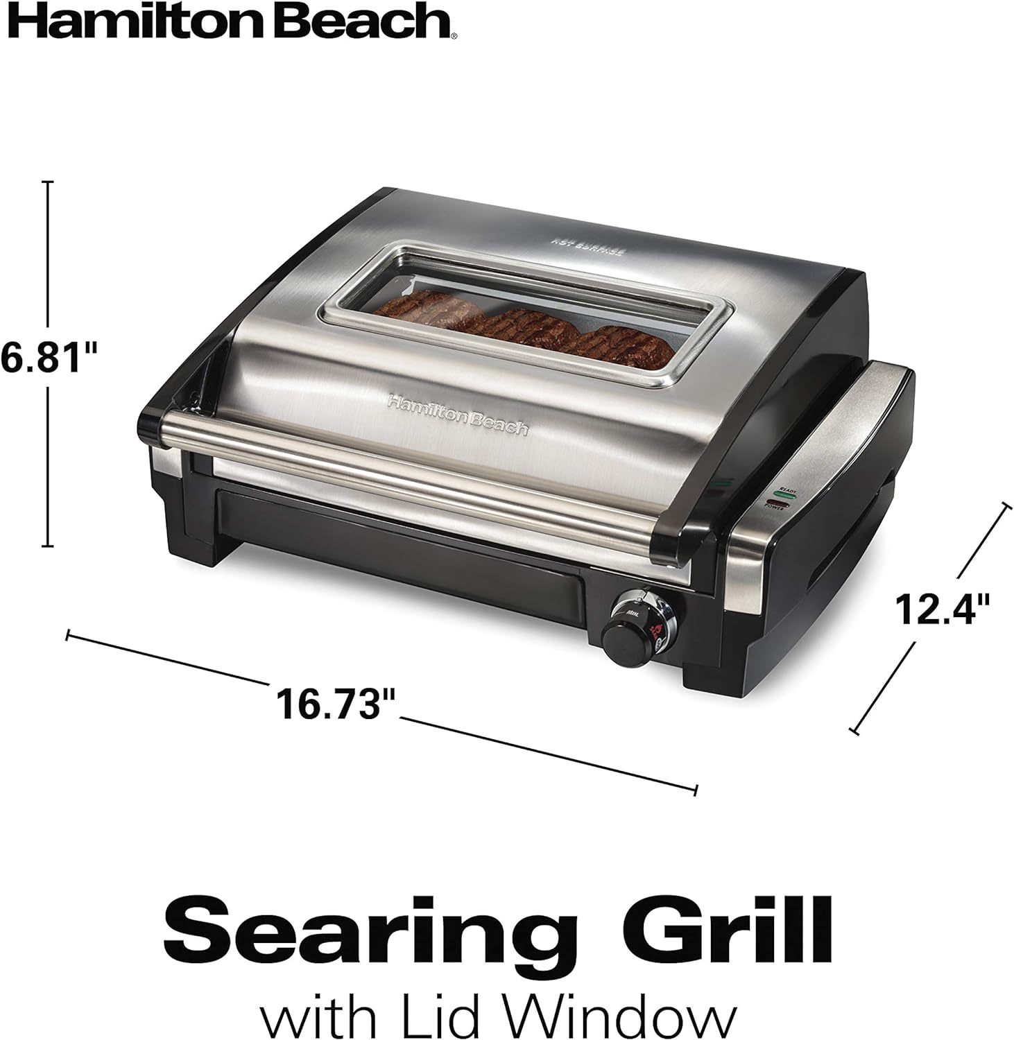Hamilton Beach Electric Indoor Searing Grill with Viewing Window & Adjustable Temperature Control to 450F, 118 sq. in. Surface Serves 6, Removable Nonstick Grate, Stainless Steel