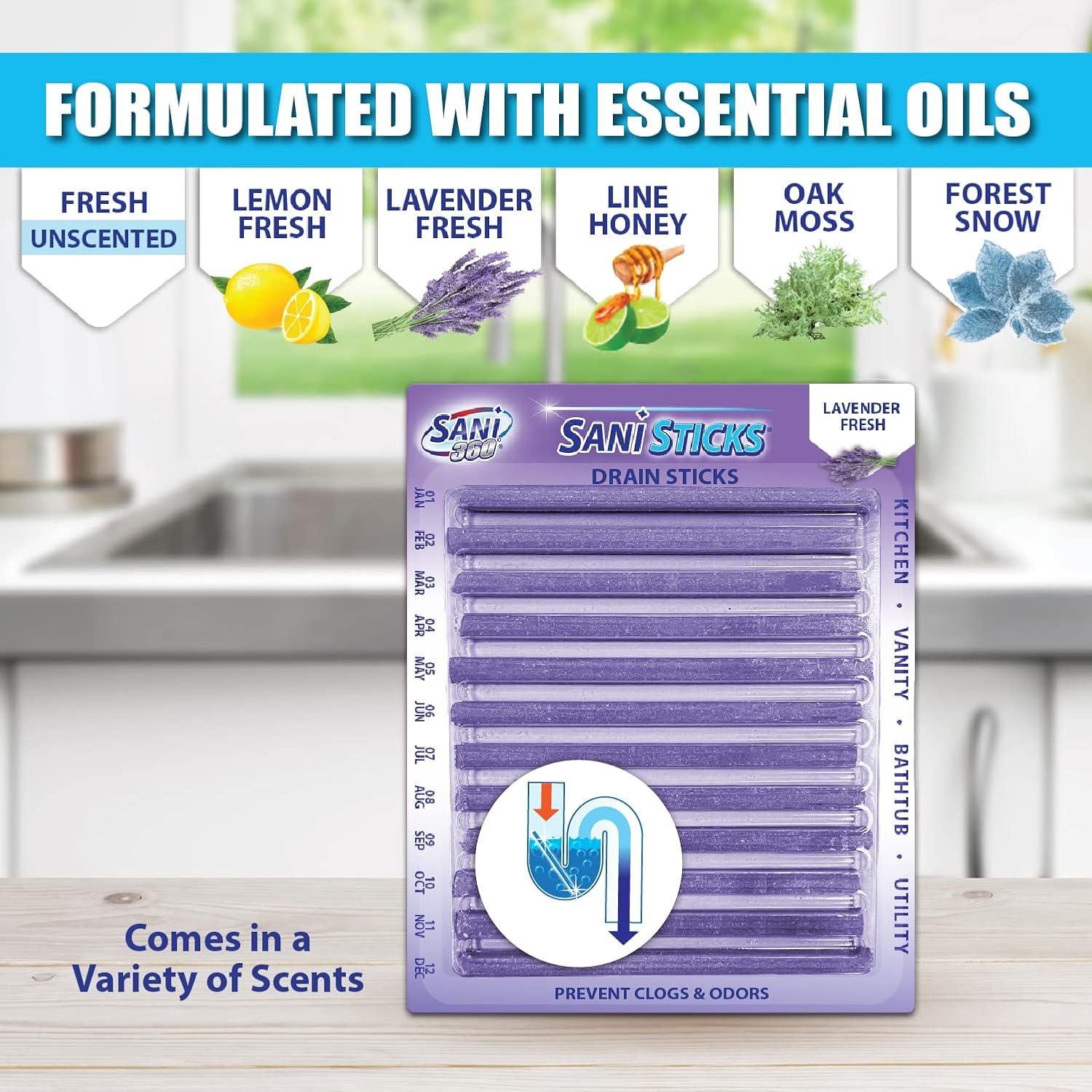 SANI 360° Sani Sticks Drain Cleaner and Deodorizer, Enzyme Pipe Cleaners, Eliminate Odors, Prevent Clogged Drains, Safe for Sinks, Bathtub Drains, Septic Tanks, 24 Count, Lemon Scent