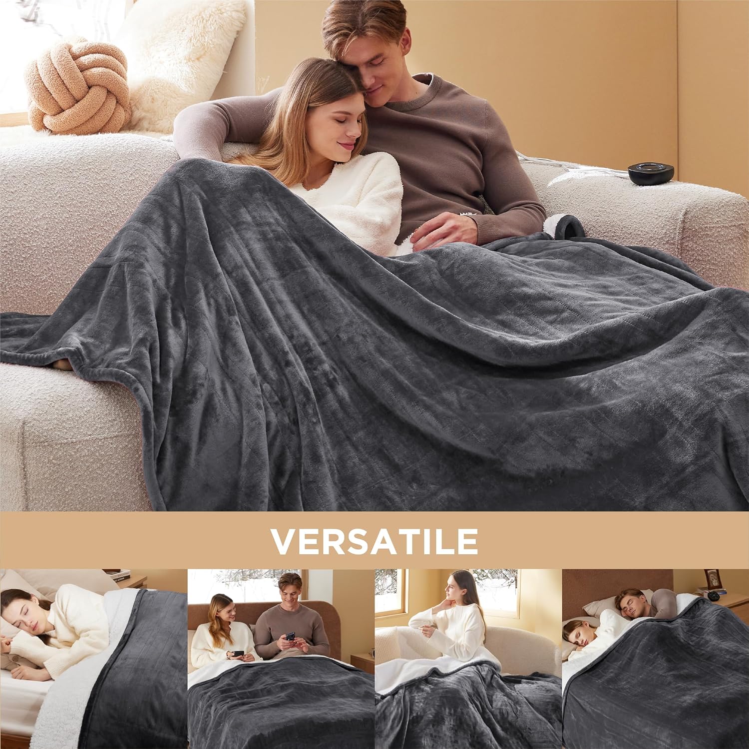 Bedsure Heated Blanket Electric Throw - Soft Flannel Electric Blanket, Heating Blanket with 4 Time Settings & 6 Heat Settings, Warm Blanket Gift for Grandma (50x60 inches, Grey)