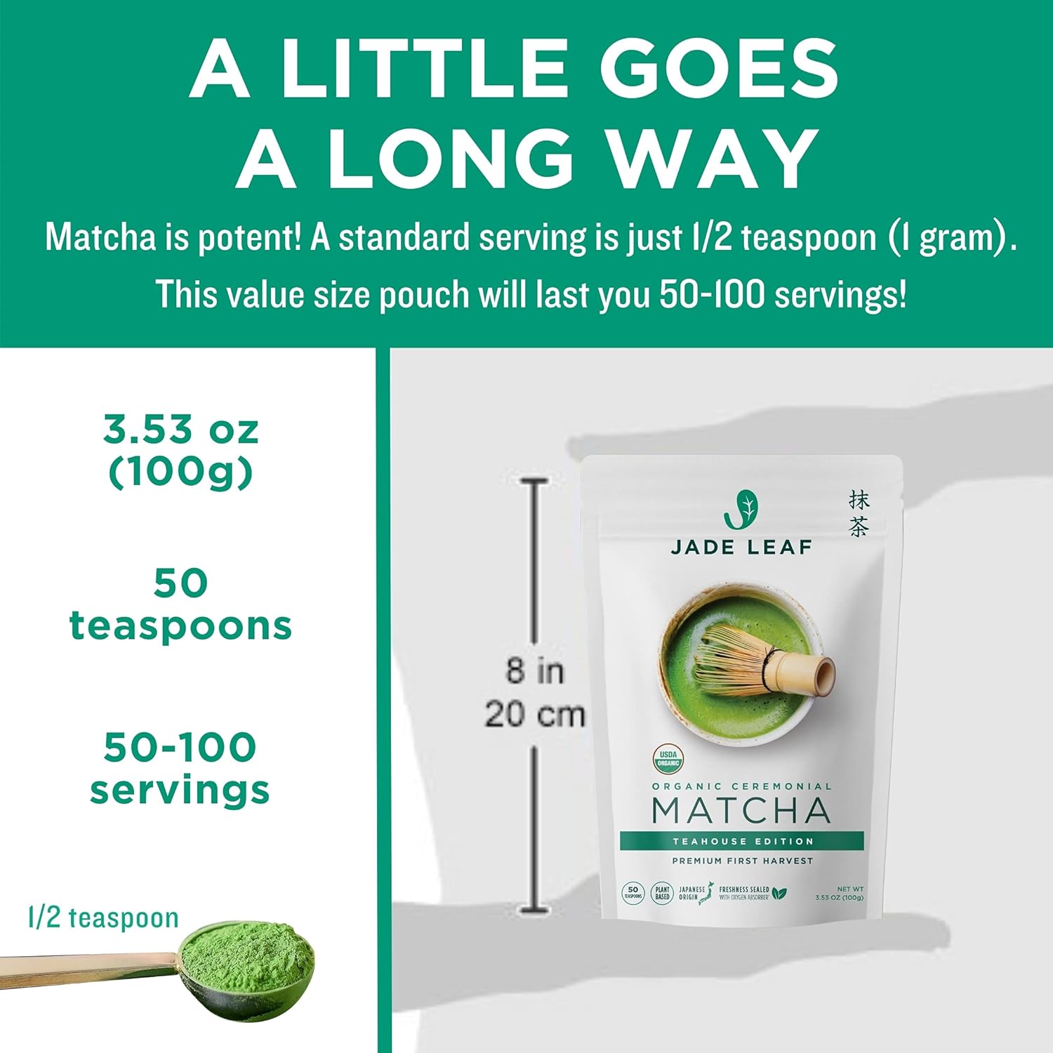 Jade Leaf Matcha Organic Green Tea Powder - Culinary Grade Premium Second Harvest - Authentic Japanese Origin (1.06 Ounce Pouch)