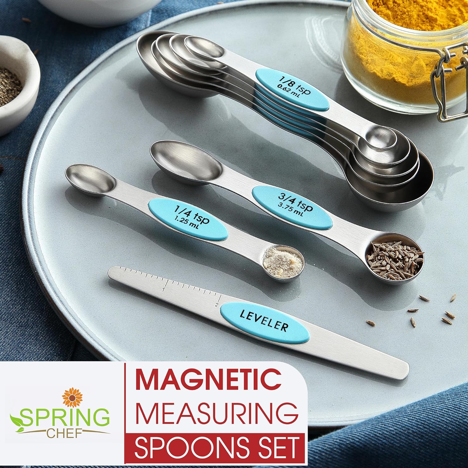 Spring Chef Magnetic Measuring Spoons Set with Strong N45 Magnets, Heavy Duty Stainless Steel Metal, Fits in Most Kitchen Spice Jars for Baking & Cooking, BPA Free, Black, Set of 8 with Leveler