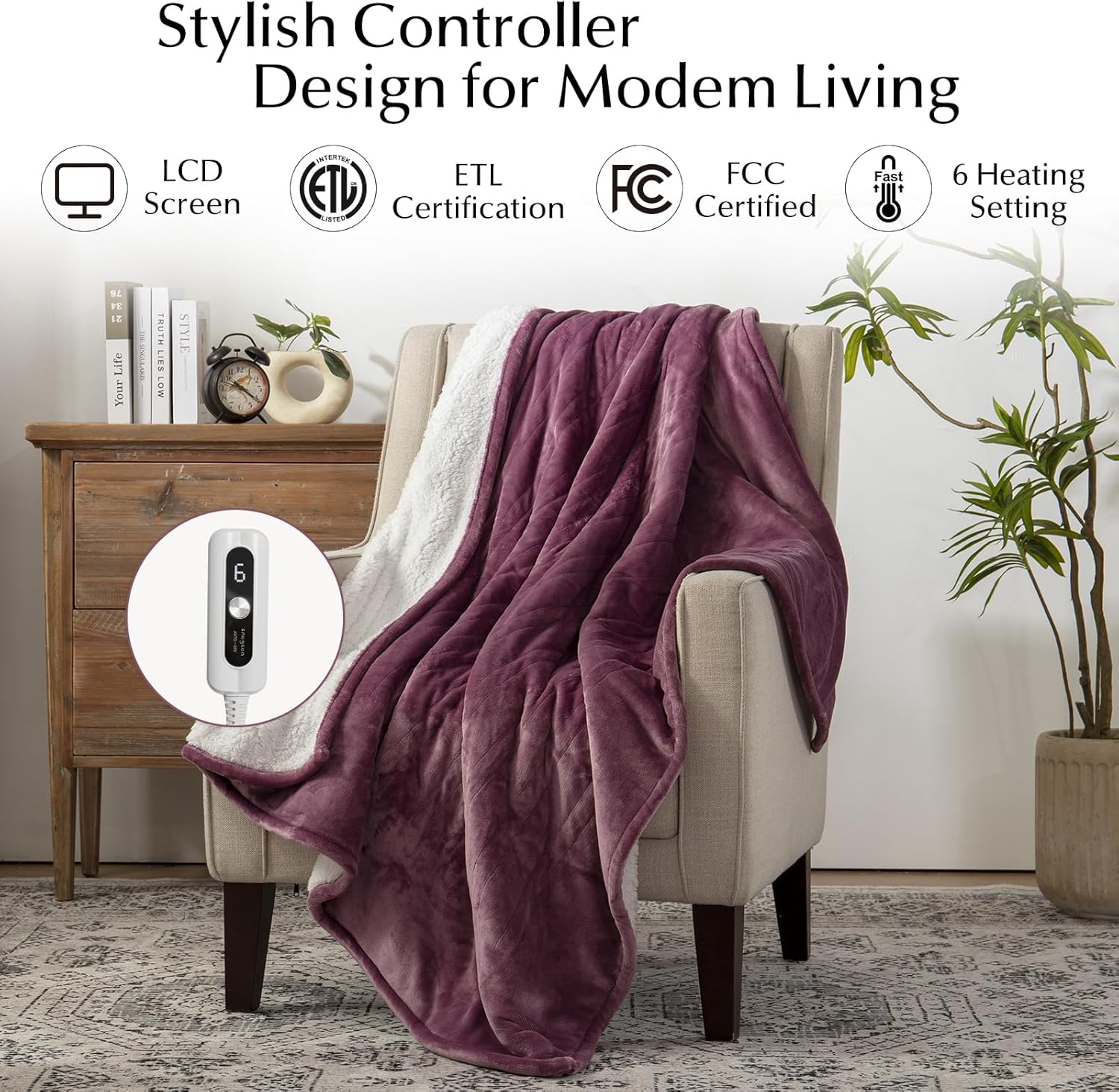 Heated Blanket Throw Size, Soft and Cozy Electric Heating Blanket for Bed, Automatic Safety System 6 Heating Levels & 4 Hours Auto-Off, 50