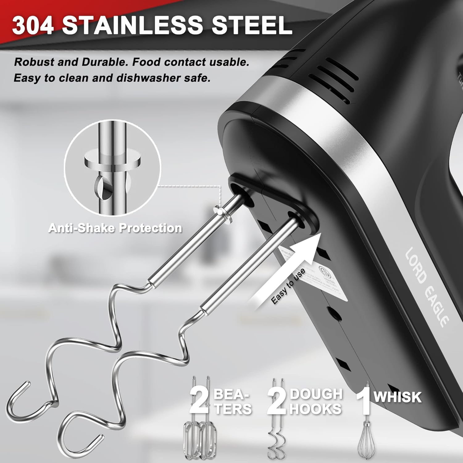 Lord Eagle Hand Mixer Electric, 400W Power handheld Mixer for Baking Cake Egg Cream Food Beater, Turbo Boost/Self-Control Speed + 5 Speed + Eject Button + 5 Stainless Steel Accessories (White)