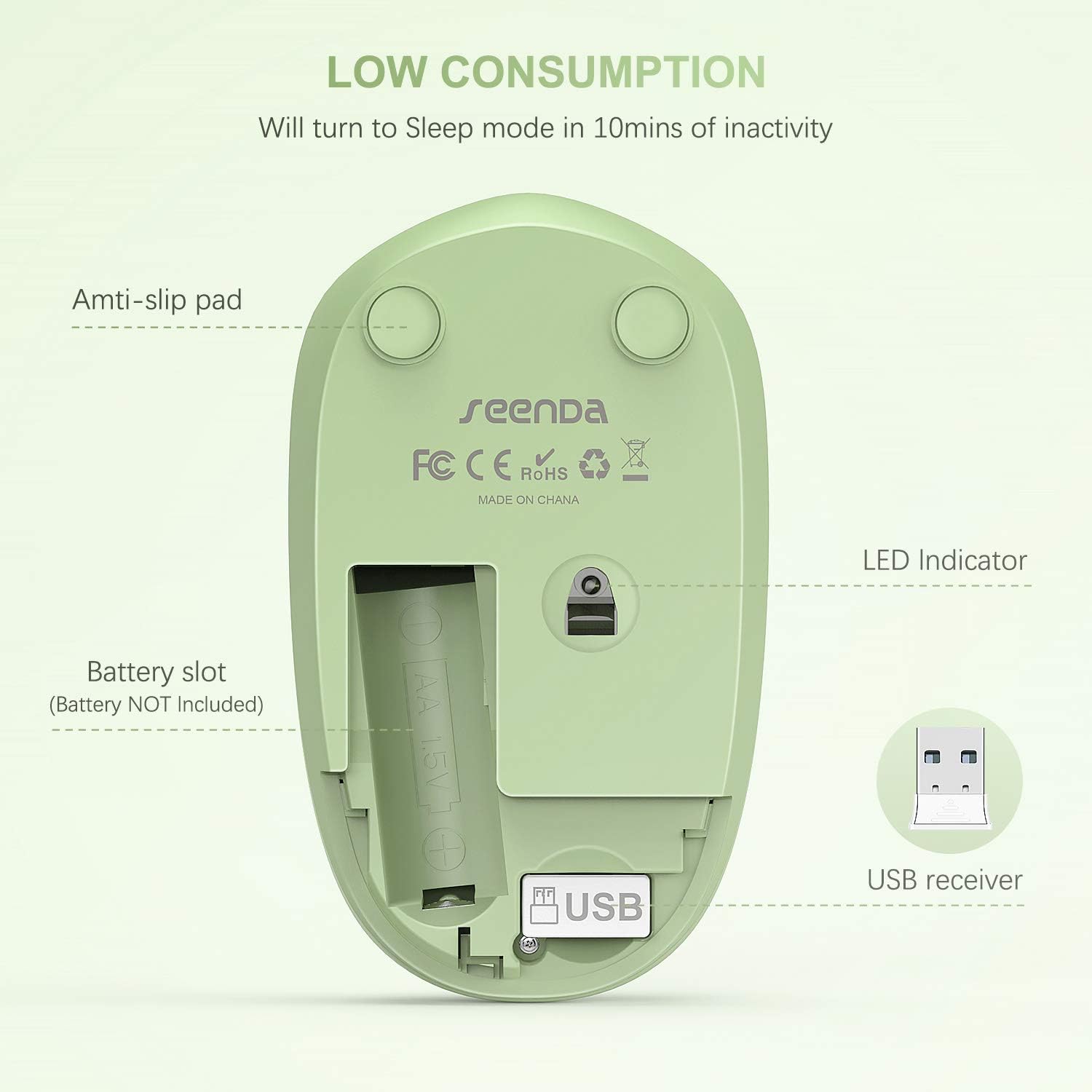 seenda Wireless Mouse, 2.4G Noiseless Mouse with USB Receiver - Portable Computer Mice for PC, Tablet, Laptop with Windows System - Mint Green