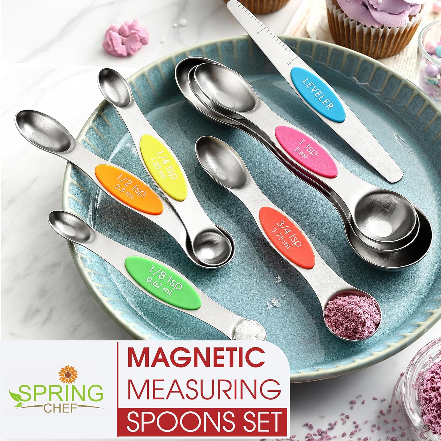 Spring Chef Magnetic Measuring Spoons Set with Strong N45 Magnets, Heavy Duty Stainless Steel Metal, Fits in Most Kitchen Spice Jars for Baking & Cooking, BPA Free, Black, Set of 8 with Leveler