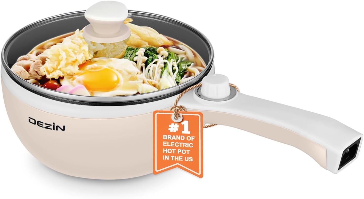 Dezin Hot Pot Electric Upgraded, Non-Stick Sauté Pan, Rapid Noodles Electric Pot, 1.5L Mini Portable Hot Pot for Steak, Egg, Fried Rice, Ramen, Oatmeal, Soup with Power Adjustment(Egg Rack Included)