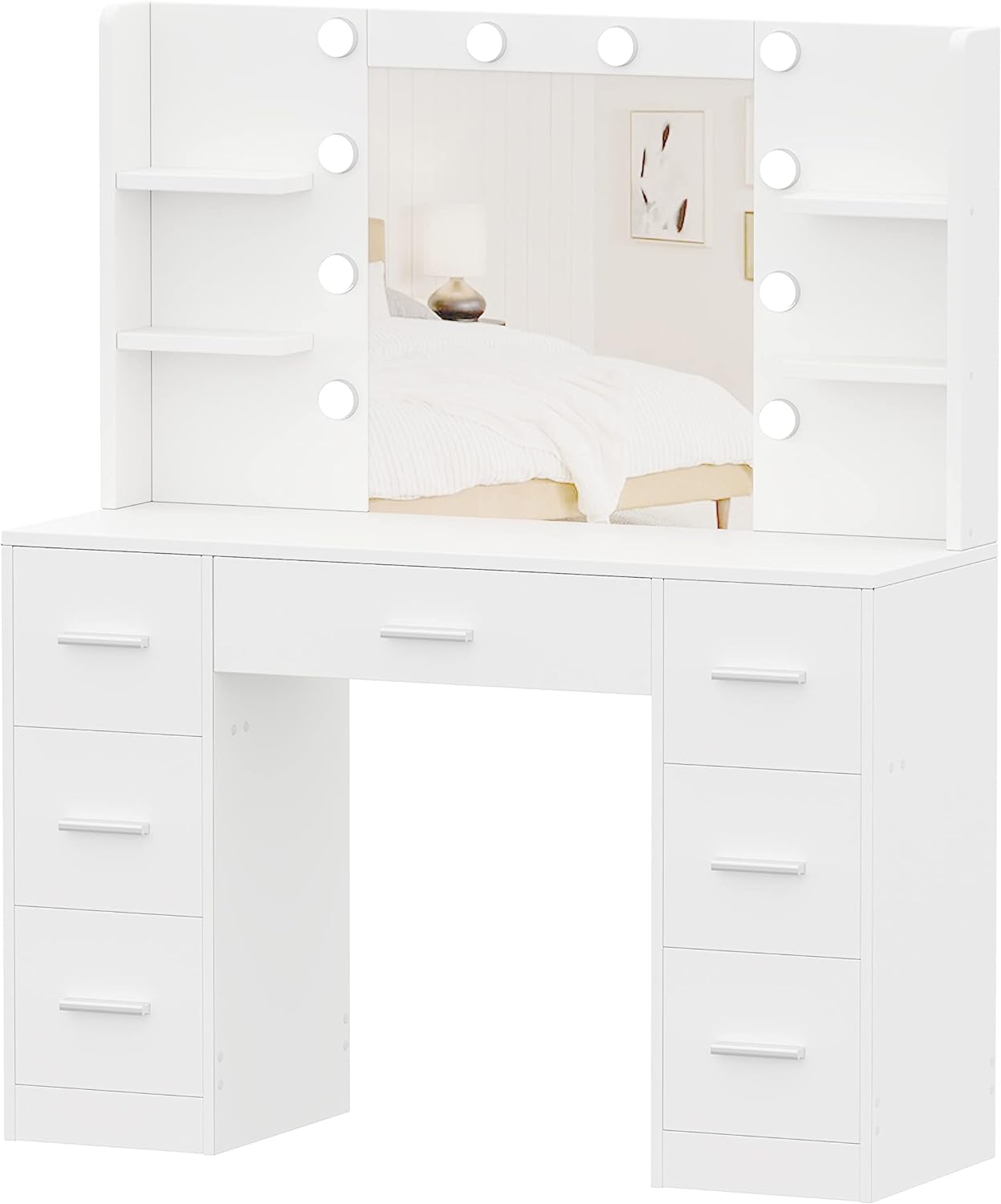 Irontar Vanity Desk, Makeup Vanity with 10 LED Lights & 7 Metal Sliding Drawers, Brightness Adjustable, Vanity Table with 6 Open Shelves, Bedroom Makeup Table for Women Girls, White WDT005W