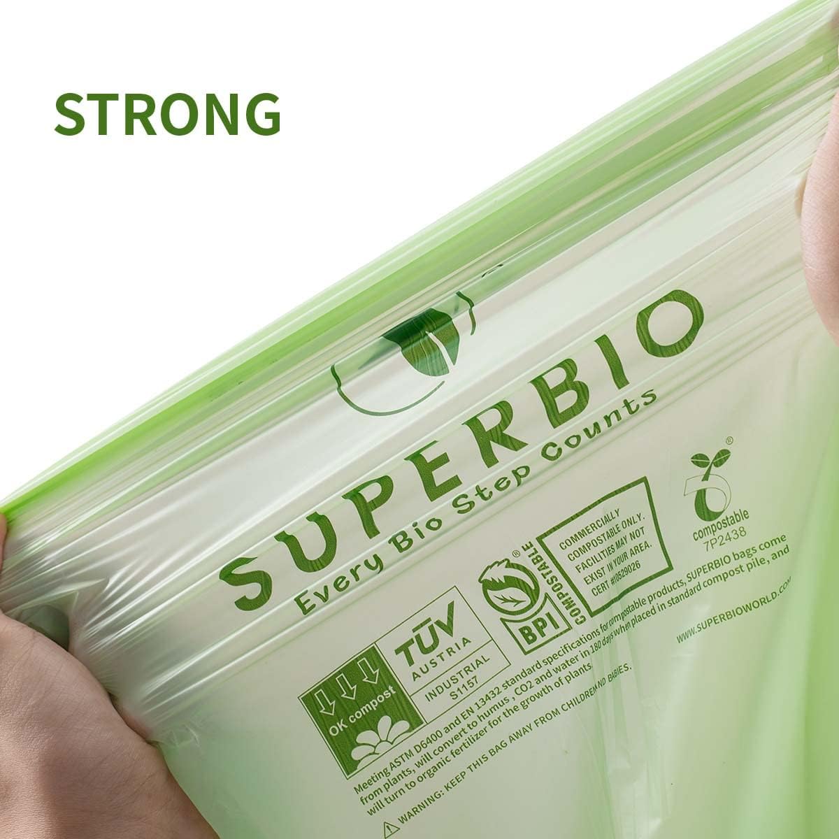 SUPERBIO 1.6 Gallon Handle Tie Compostable Food Scrap Bags For Counter Top Compost Bin, Small Compost Bags, 50 Count, 6 Liter, BPI & OK compost INDUSTRIAL Certified
