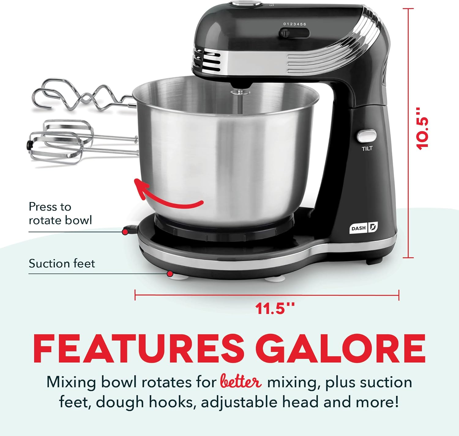 Dash Stand Mixer (Electric Mixer for Everyday Use): 6 Speed Stand Mixer with 3 Quart Stainless Steel Mixing Bowl, Dough Hooks & Mixer Beaters for Dressings, Frosting, Meringues & More - Aqua