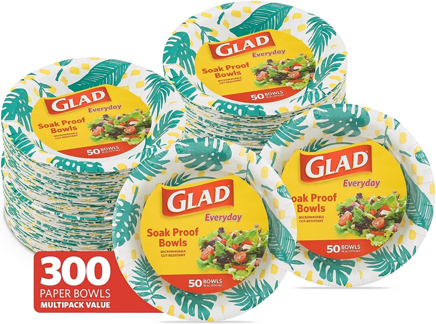 Glad Disposable Soup Bowls for Hot Food - Heavy Duty, Cut Resistant, Microwaveable Paper Bowls with Tropical Palm Leaves Design - Ideal for Party, Chili, Fruit, Salad, Ice Cream - 16 Oz, 50 Count