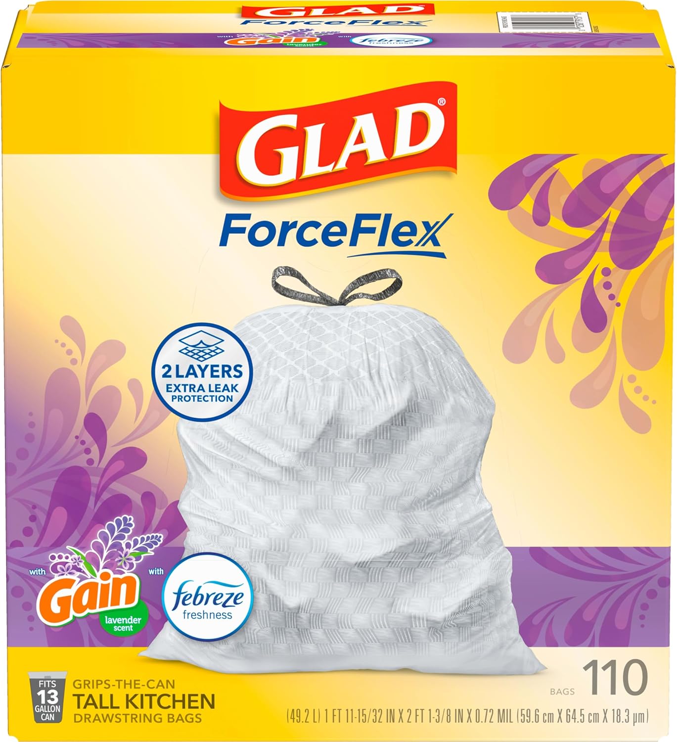 Glad Tall Kitchen Drawstring Trash Bags - Odorshield 13 Gallon White Trash Bag, Febreze Fresh Clean, 110 Count