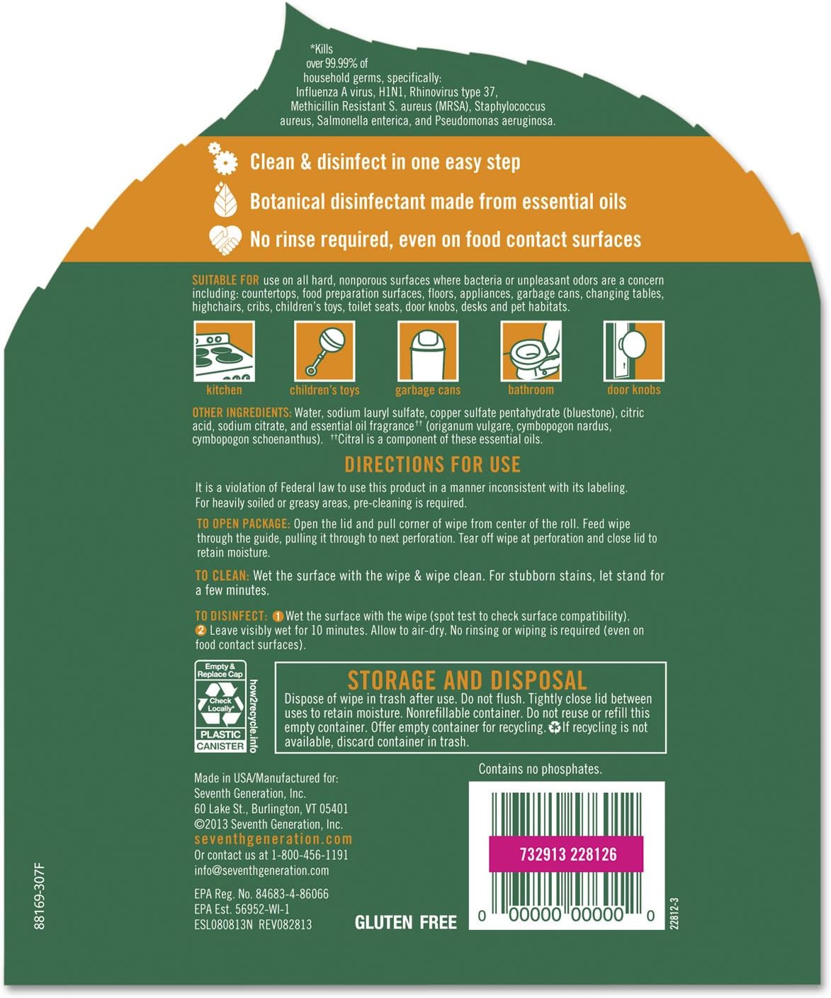 Seventh Generation Disinfecting Multi-Surface Wipes, Pack of 3, Lemongrass Citrus, 70 Count