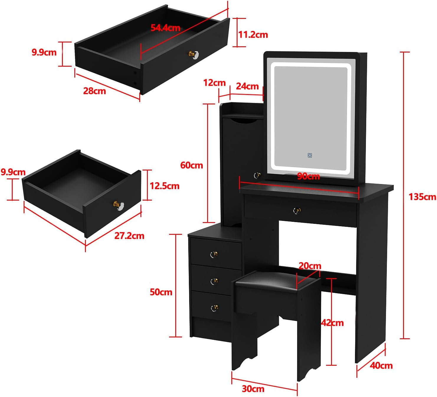 PREMTURE Dressing Table with LED Lighting, Cosmetic Table with Open Shelf and 4 Drawers, Dressing Table with Stool, Dressing Tables, Large Storage Space, MDF, 90 W x 40 D x 135 H cm