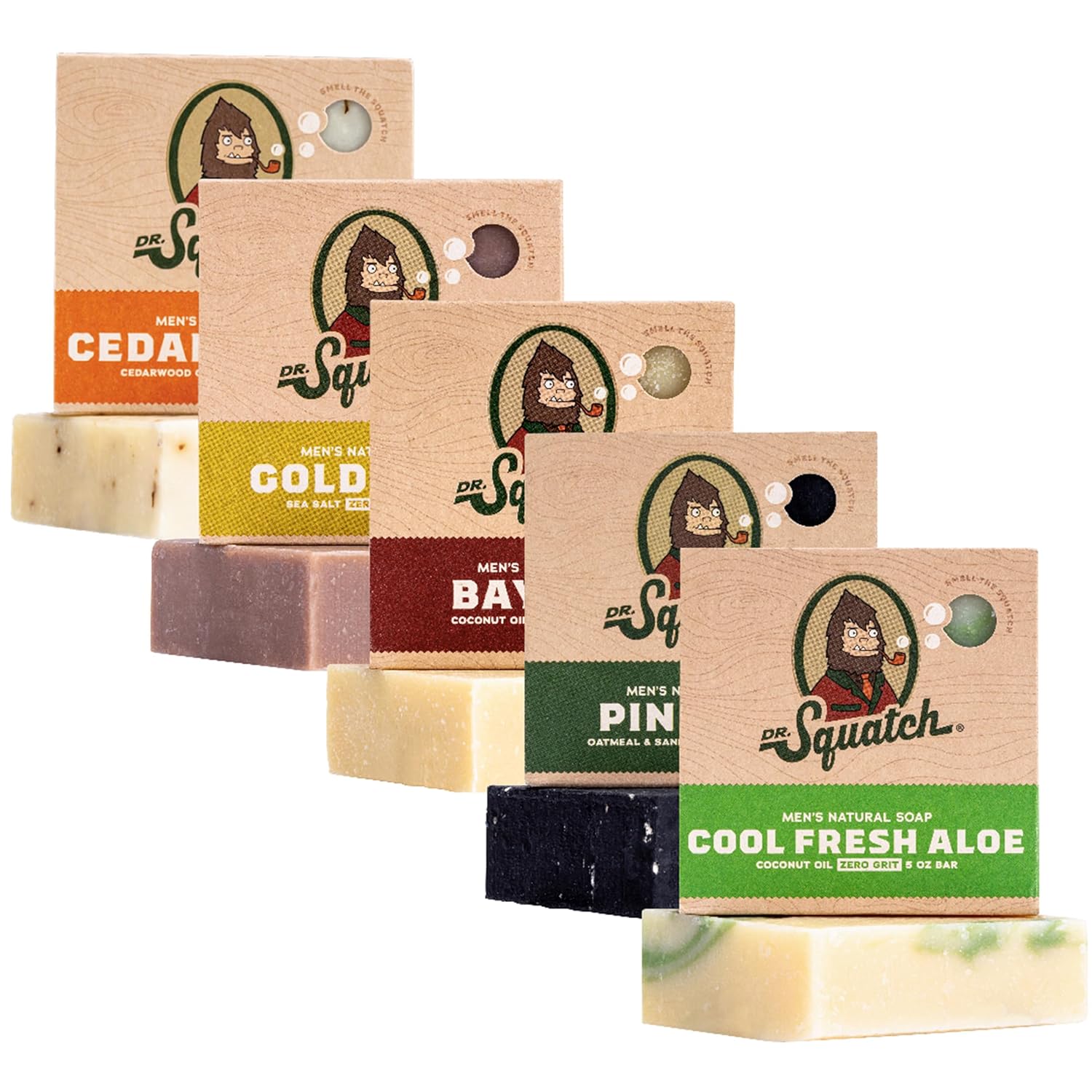 Dr. Squatch All Natural Bar Soap for Men, 5 Bar Variety Pack - Men's Natural Bar Soap - Rainforest Rapids, Coconut Castaway, Fresh Falls, Summer Citrus, and Eucalyptus Greek Yogurt - Soap Gift