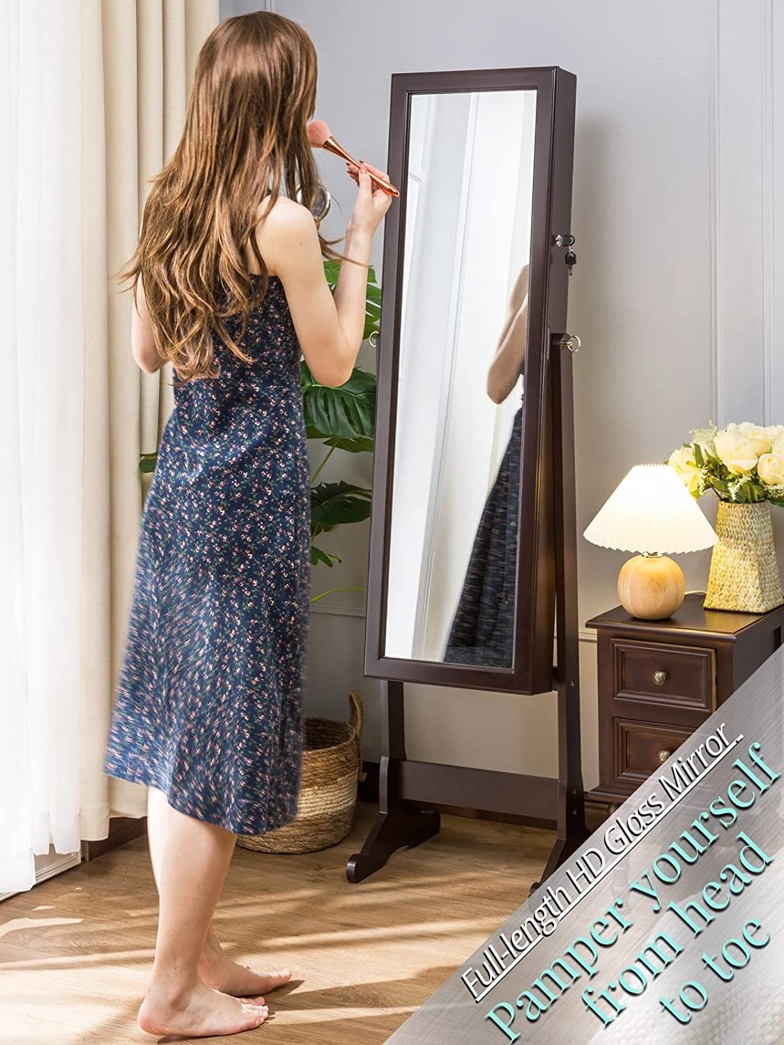 Stella 6 Standing Jewelry Armoire Full Length Mirror With Built-in Lights - Espresso